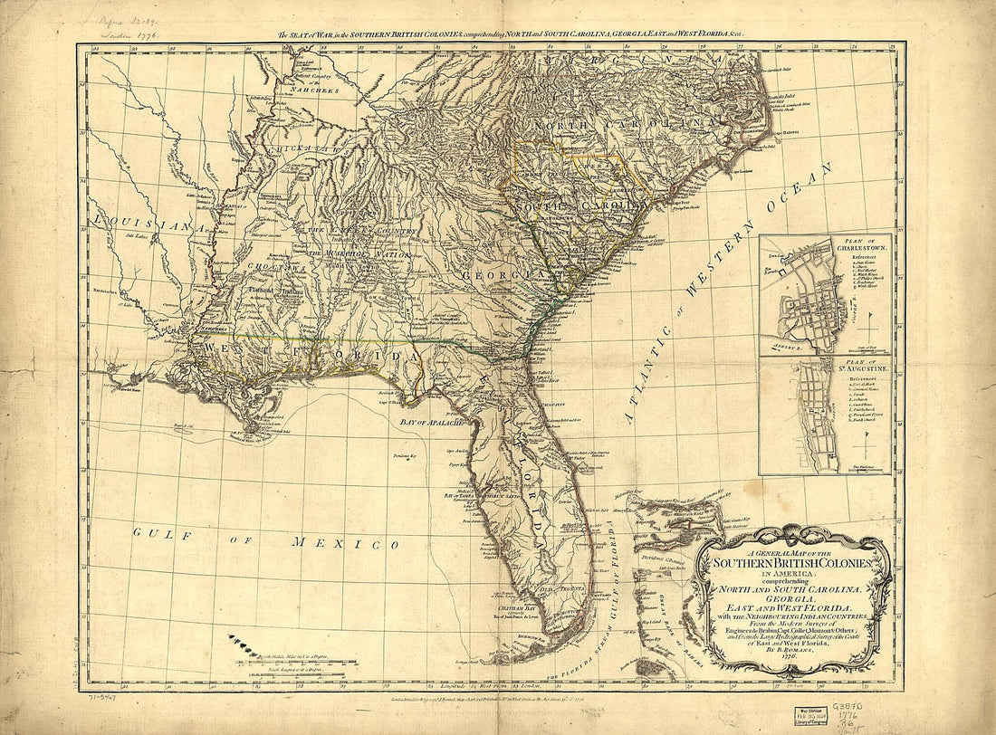 This old map of A General Map of the Southern British Colonies In America, Comprehending North and South Carolina, Georgia, East and West Florida, With the Neighboring Indian Countries, from the Modern Surveys of Engineer De Brahm, Capt. Collet, Mouzon,