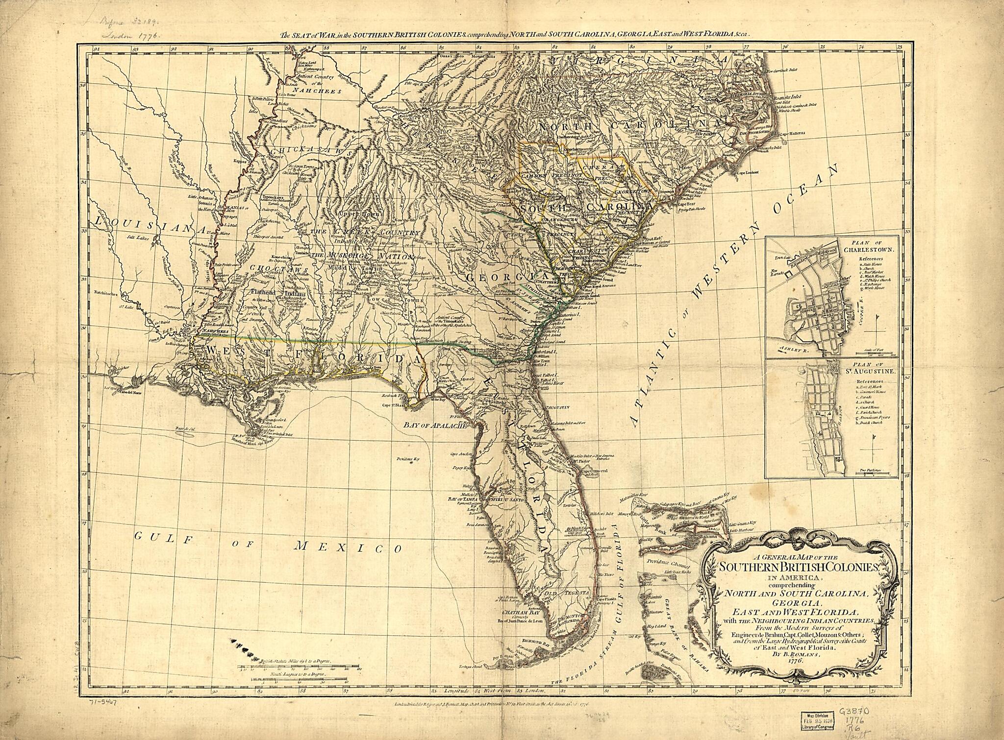 This old map of A General Map of the Southern British Colonies In America, Comprehending North and South Carolina, Georgia, East and West Florida, With the Neighboring Indian Countries, from the Modern Surveys of Engineer De Brahm, Capt. Collet, Mouzon,