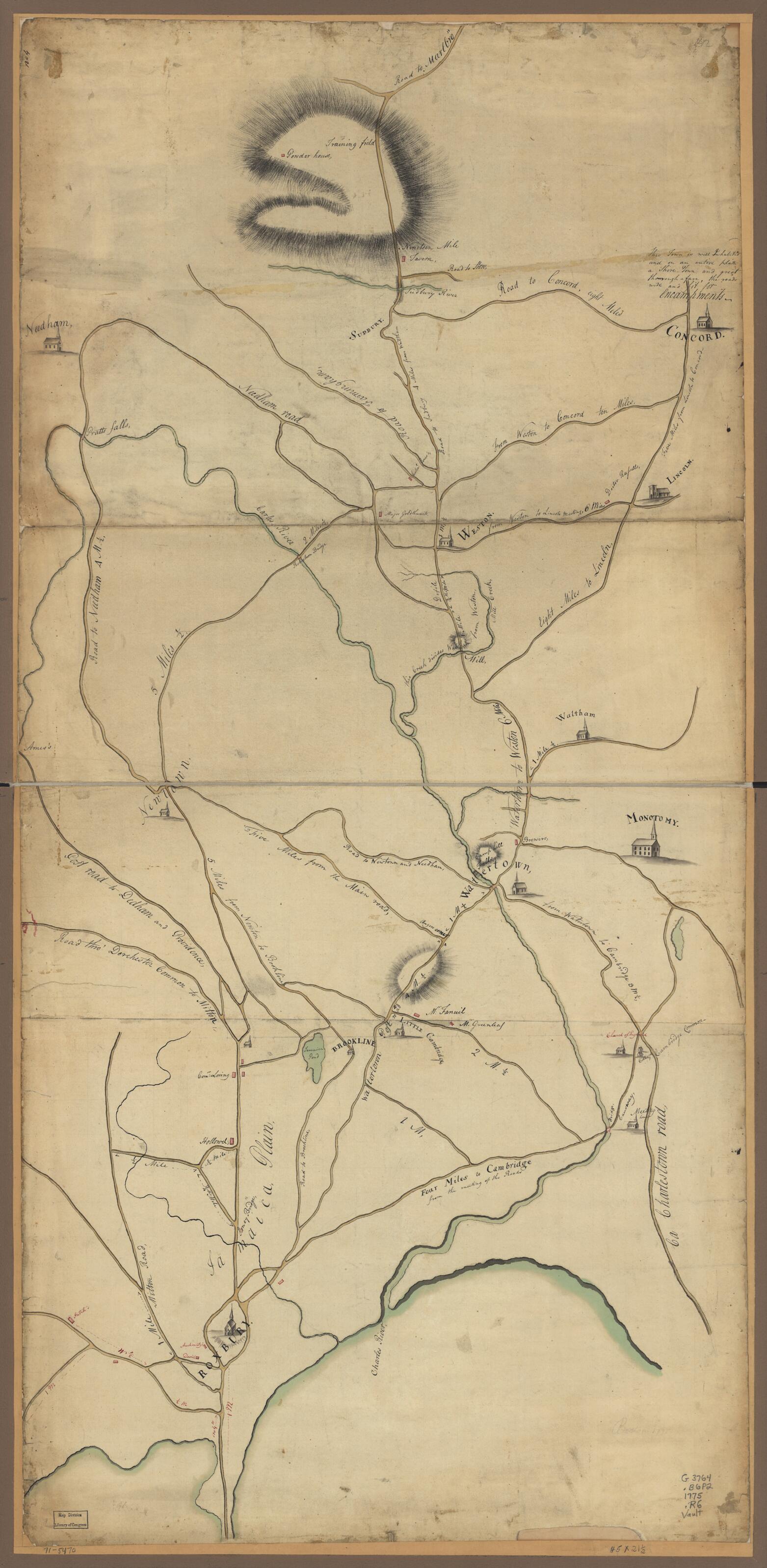 This old map of Roxbury to Concord. Roads & Distances, &c from 1775 was created by William Browne, Henry De Berniere in 1775