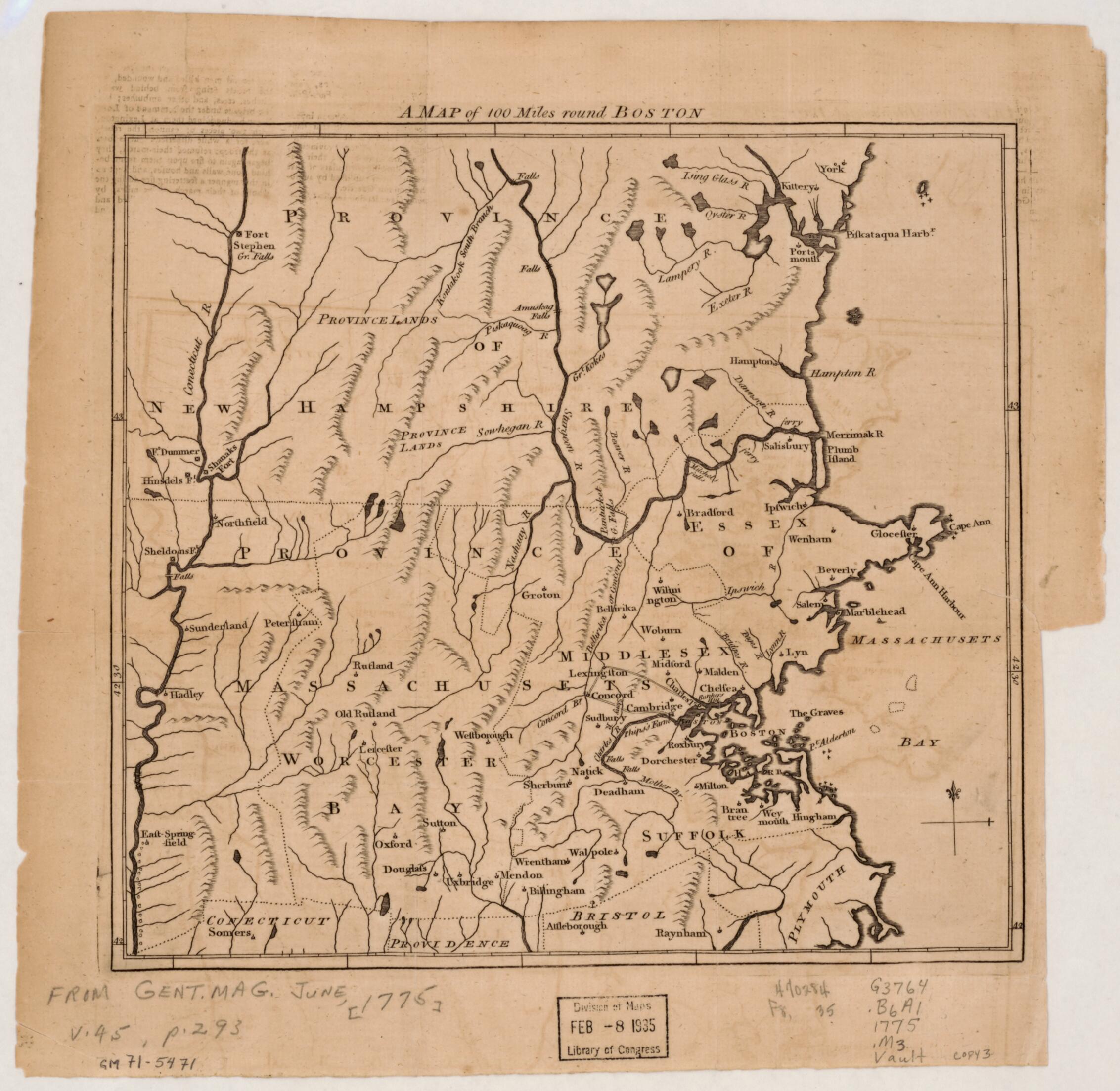 This old map of A Map of 100 Miles Round Boston from 1775 was created by in 1775