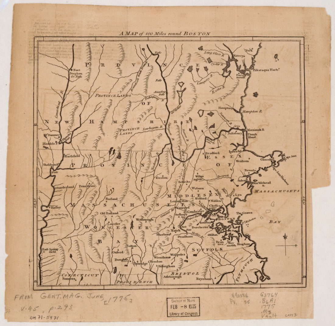This old map of A Map of 100 Miles Round Boston from 1775 was created by in 1775