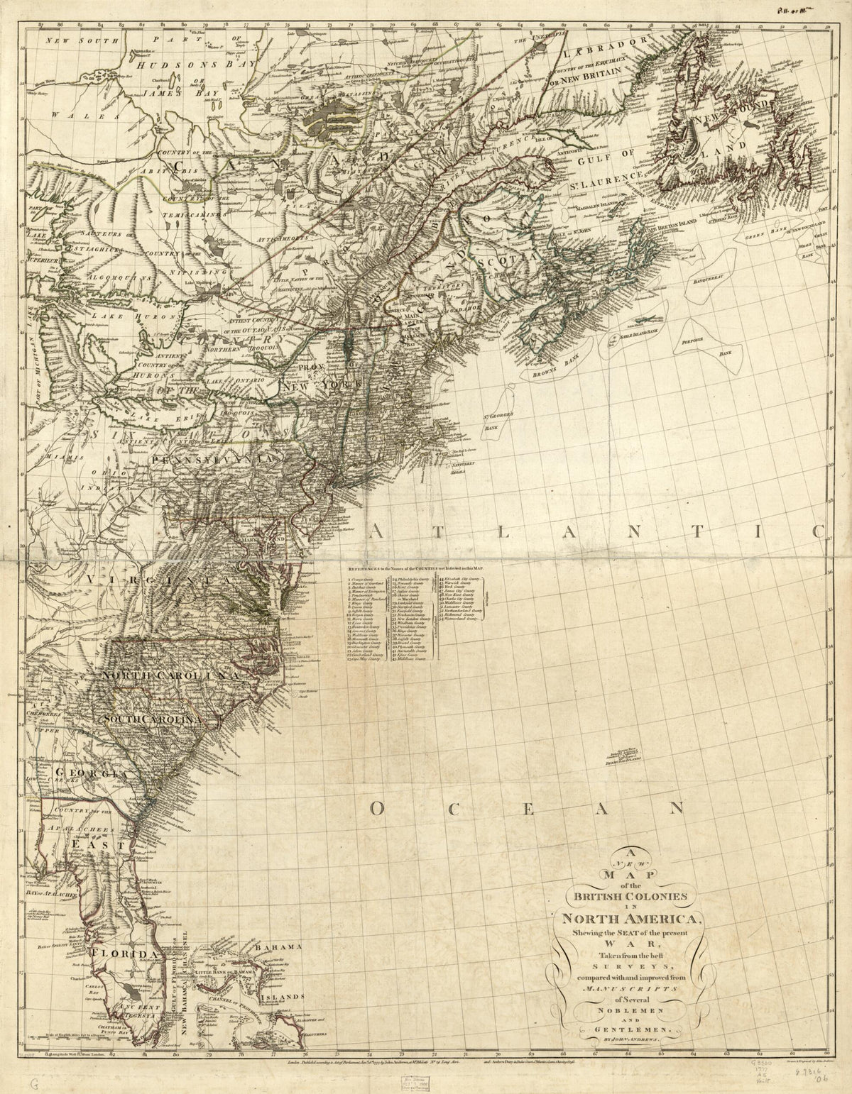 A New Map of the British Colonies In North America, Shewing the Seat of the Present War, Taken from the Best Surveys, Compared With and Improved from Manuscripts of Several Noblemen and Gentlemen 1777 by Relic Map Company