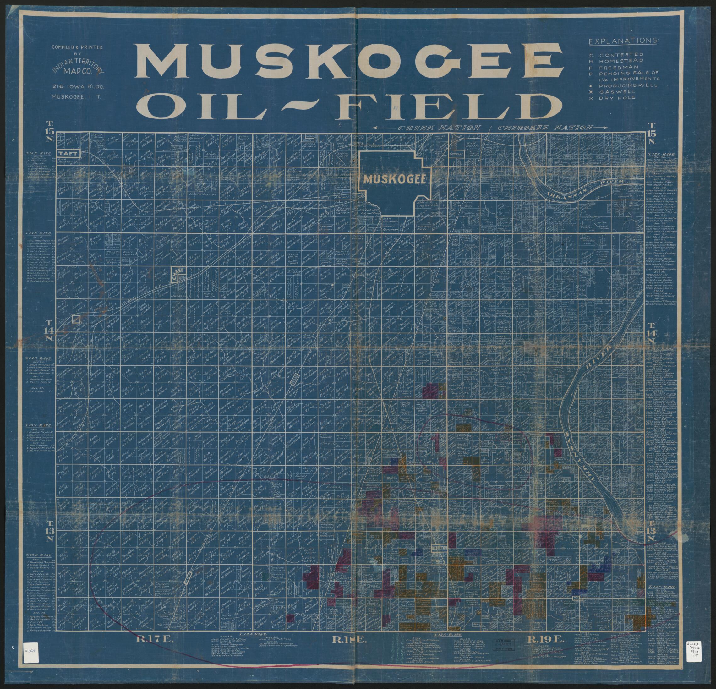 This old map of Muskogee Oil Field from 1903 was created by Indian Territory Map Co in 1903