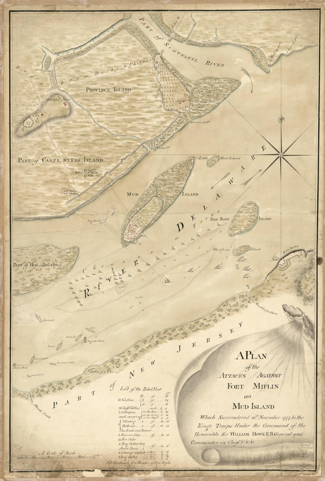 This old map of A Plan of the Attacks Against Fort Miflin On Mud Island Which Surrendered 16th, November from 1777 to the Kings Troops Under the Command of the Honorable Sir William Howe K.B. General and Commander In Chief &c., &c was created by Thomas W