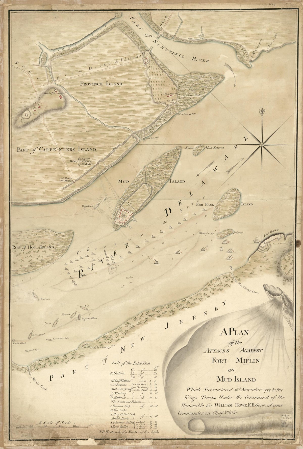 A Plan of the Attacks Against Fort Miflin On Mud Island Which Surrendered 16th, November 1777 to the Kings Troops Under the Command of the Honorable Sir William Howe K.B. General and Commander In Chief &c., &c by Relic Map Company
