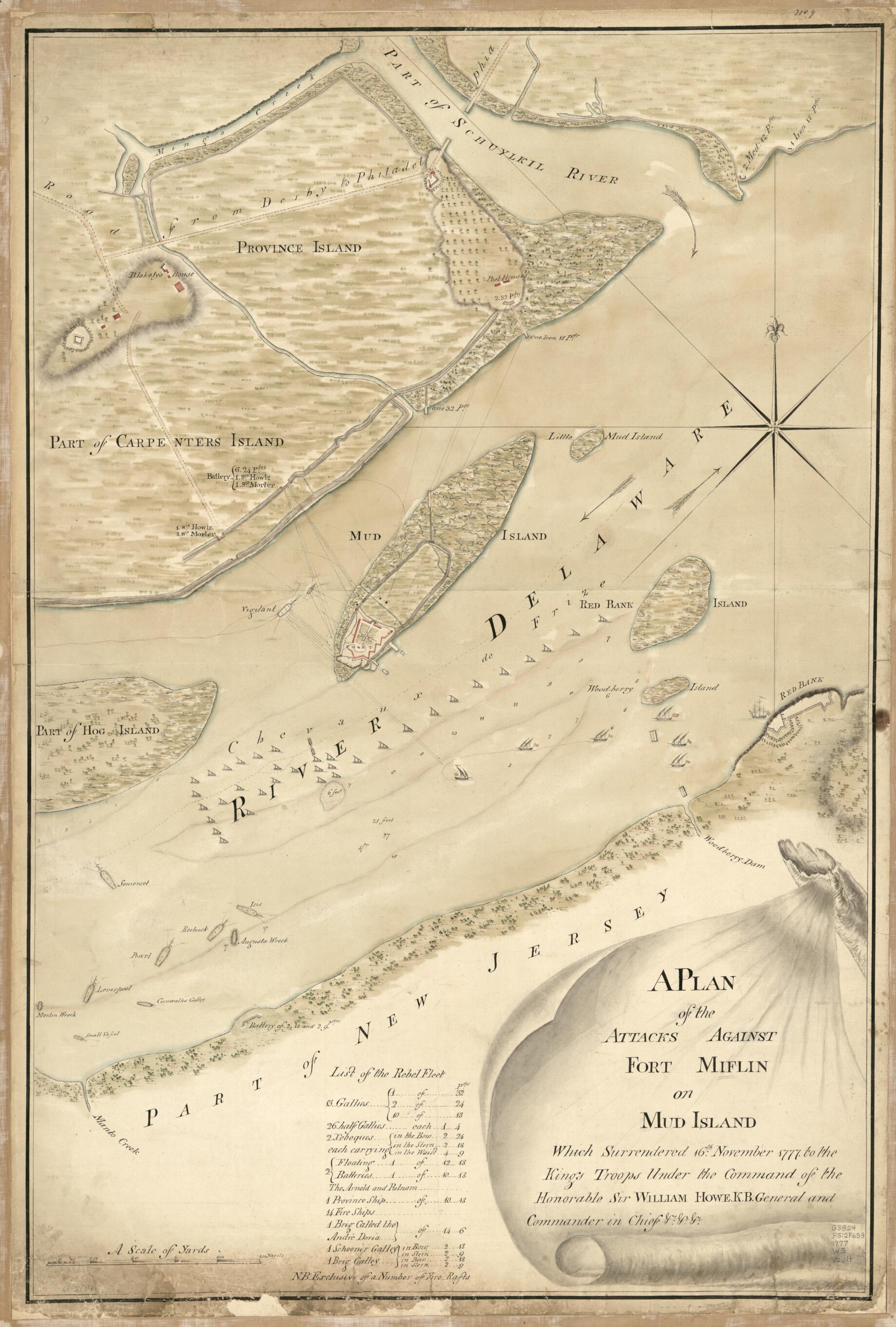 This old map of A Plan of the Attacks Against Fort Miflin On Mud Island Which Surrendered 16th, November from 1777 to the Kings Troops Under the Command of the Honorable Sir William Howe K.B. General and Commander In Chief &c., &c was created by Thomas W