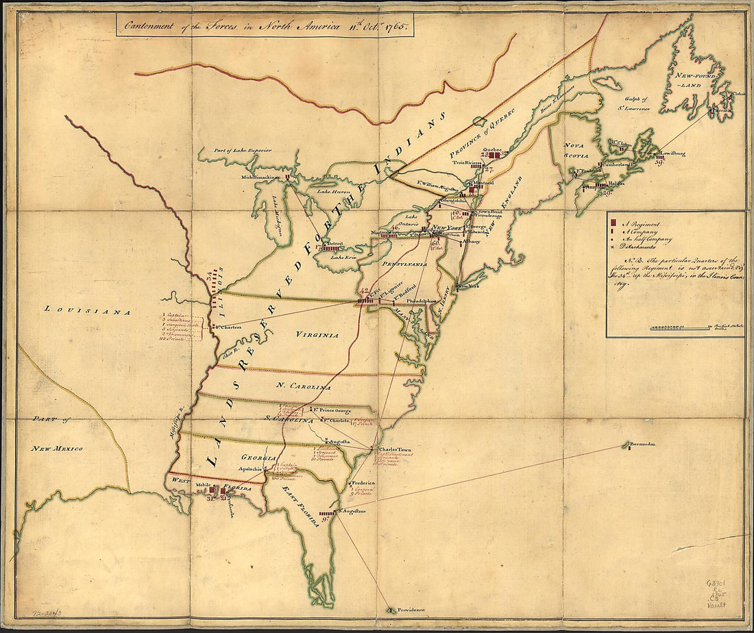 This old map of Cantonment of the Forces In North America 11th. Octr. from 1765 was created by in 1765