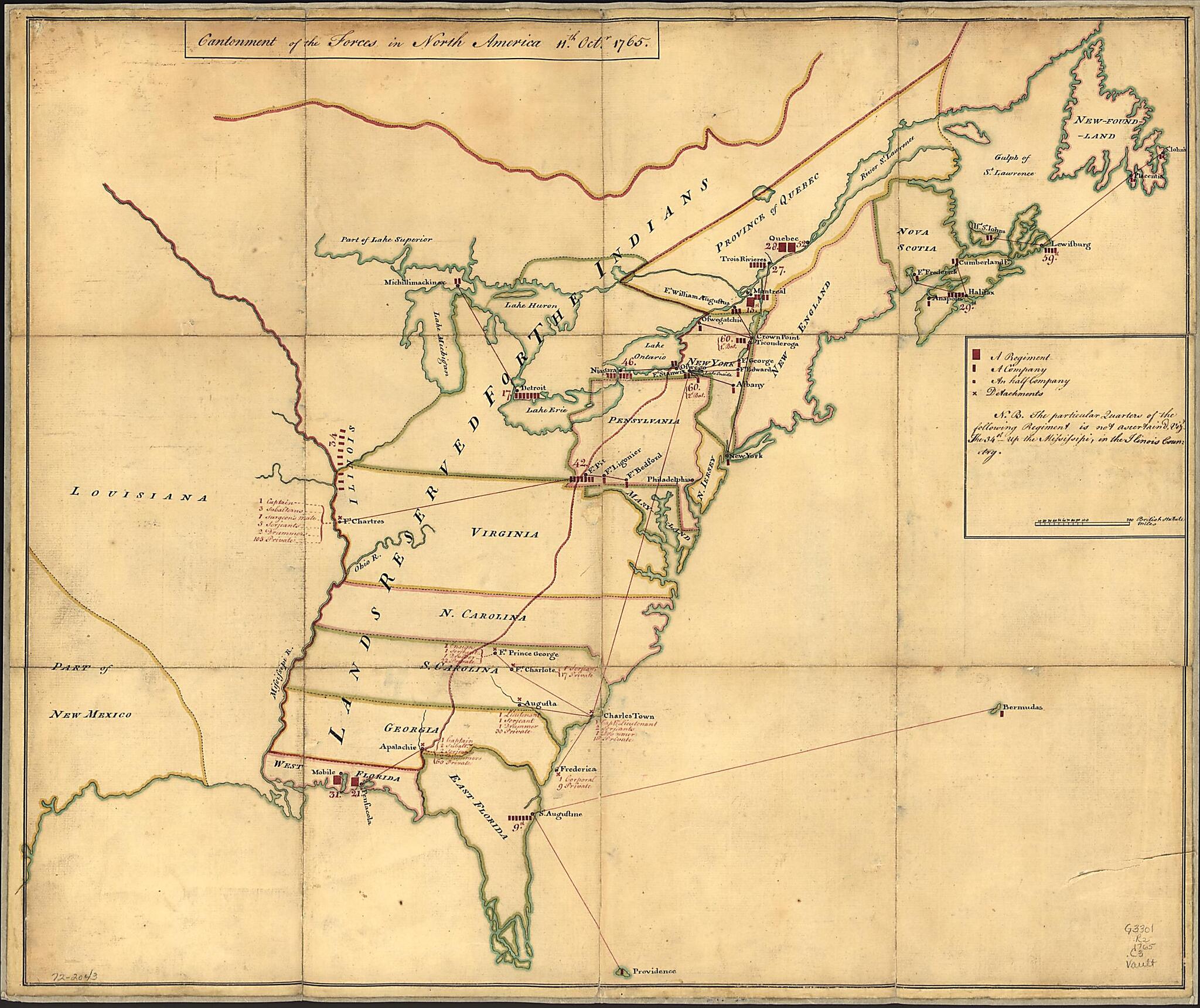 This old map of Cantonment of the Forces In North America 11th. Octr. from 1765 was created by in 1765