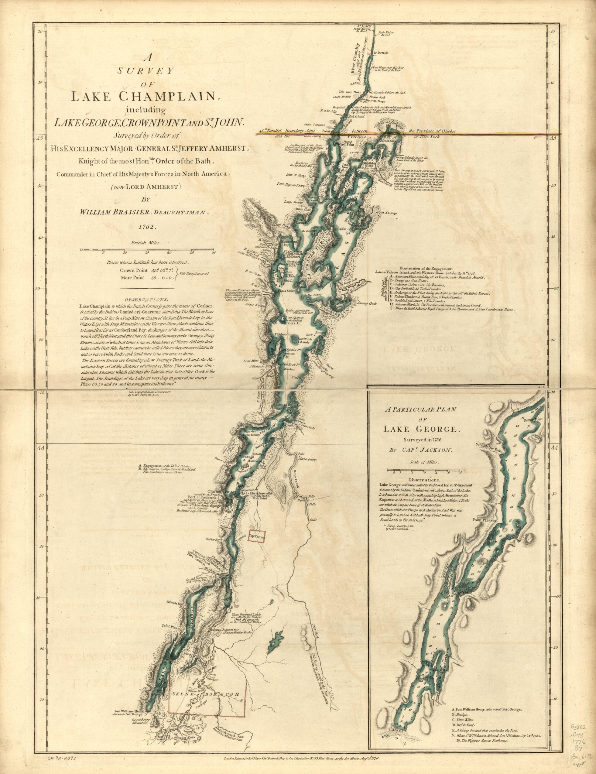 This old map of A Survey of Lake Champlain, Including Lake George, Crown Point, and St. John from 1776 was created by William Brasier, Jackson, Robert Sayer and John Bennett (Firm) in 1776