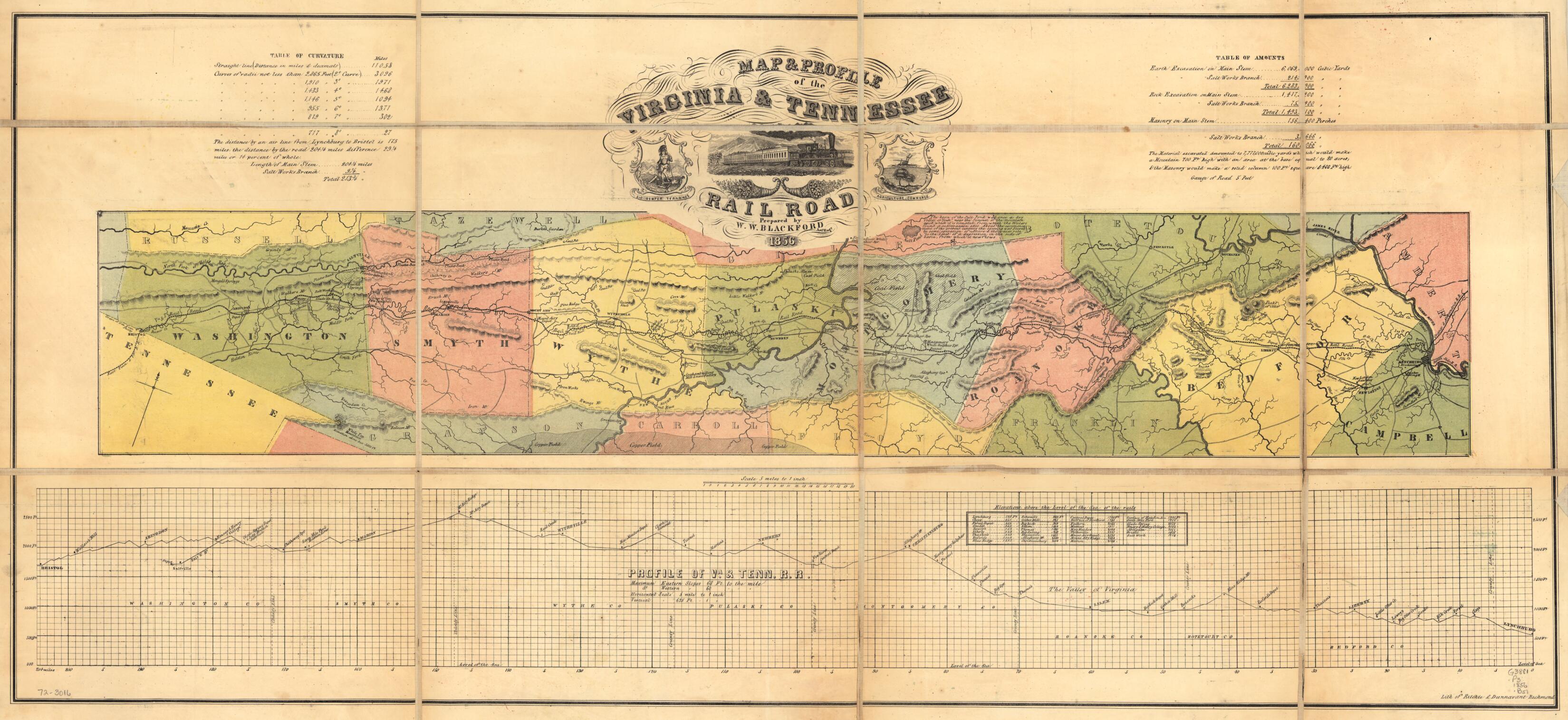 This old map of Map & Profile of the Virginia & Tennessee Rail Road from 1856 was created by W. W. (William Willis) Blackford, Ritchie & Dunnavant in 1856