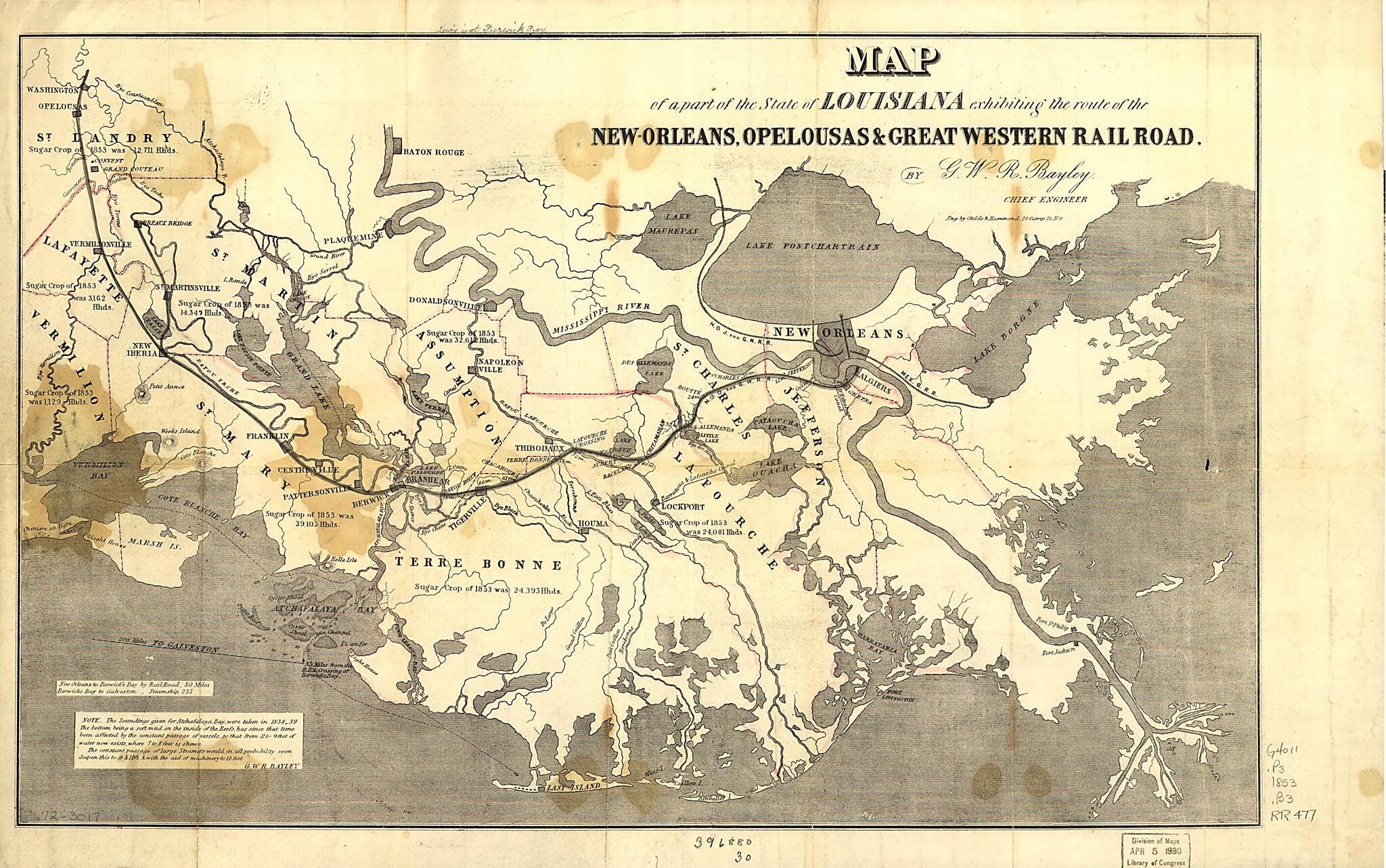 This old map of Orleans, Opelousas & Great Western Rail Road from 1853 was created by G. W. R. Bayley, Childs & Hammond in 1853