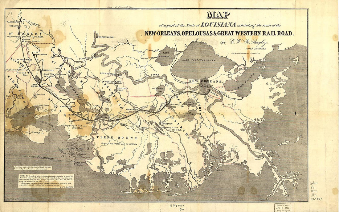 This old map of Orleans, Opelousas & Great Western Rail Road from 1853 was created by G. W. R. Bayley, Childs & Hammond in 1853