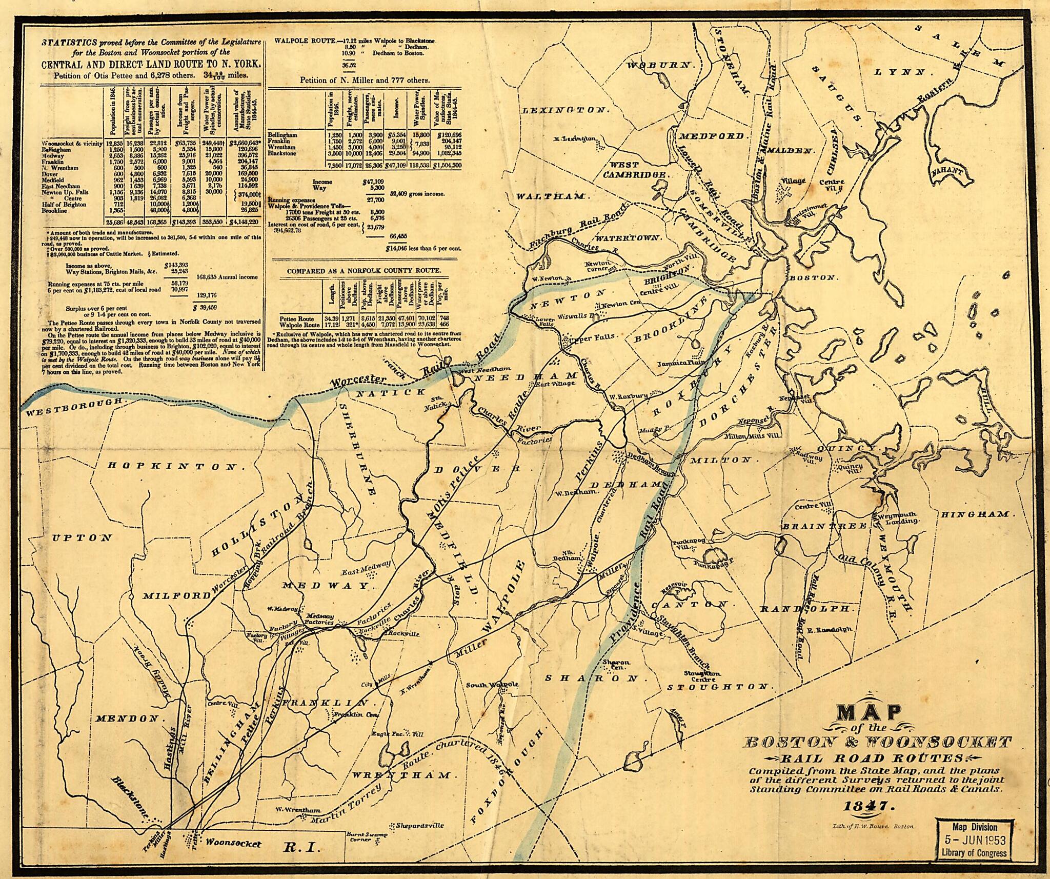This old map of Map of the Boston & Woonsocket Rail Road Routes Compiled from the State Map, and the Plans of the Different Surveys Returned to the Joint Standing Committee On Railroads & Canals from 1847 was created by Ephraim W. Bouvé in 1847