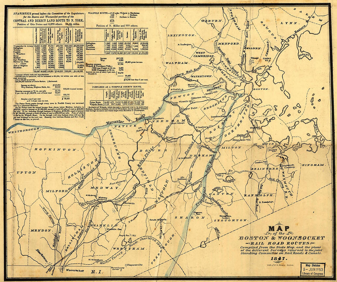This old map of Map of the Boston & Woonsocket Rail Road Routes Compiled from the State Map, and the Plans of the Different Surveys Returned to the Joint Standing Committee On Railroads & Canals from 1847 was created by Ephraim W. Bouvé in 1847