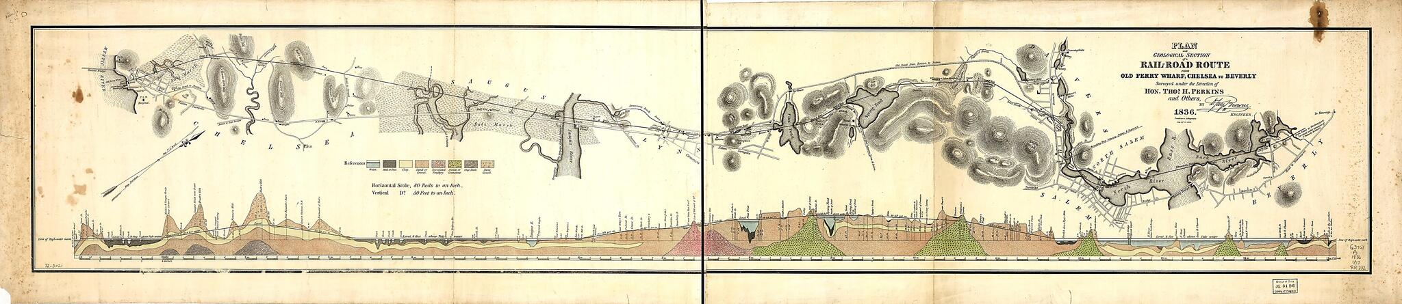 This old map of Road Route from Old Ferry Wharf, Chelsea to Beverly from 1836 was created by D. Jasper Browne, Pendelton&