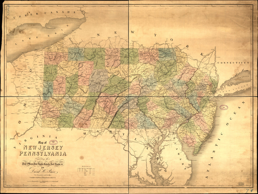 This old map of Map of New Jersey and Pennsylvania Exhibiting the Post Offices, Post Roads, Canals, Railroads, & C from 1839 was created by David H. Burr in 1839