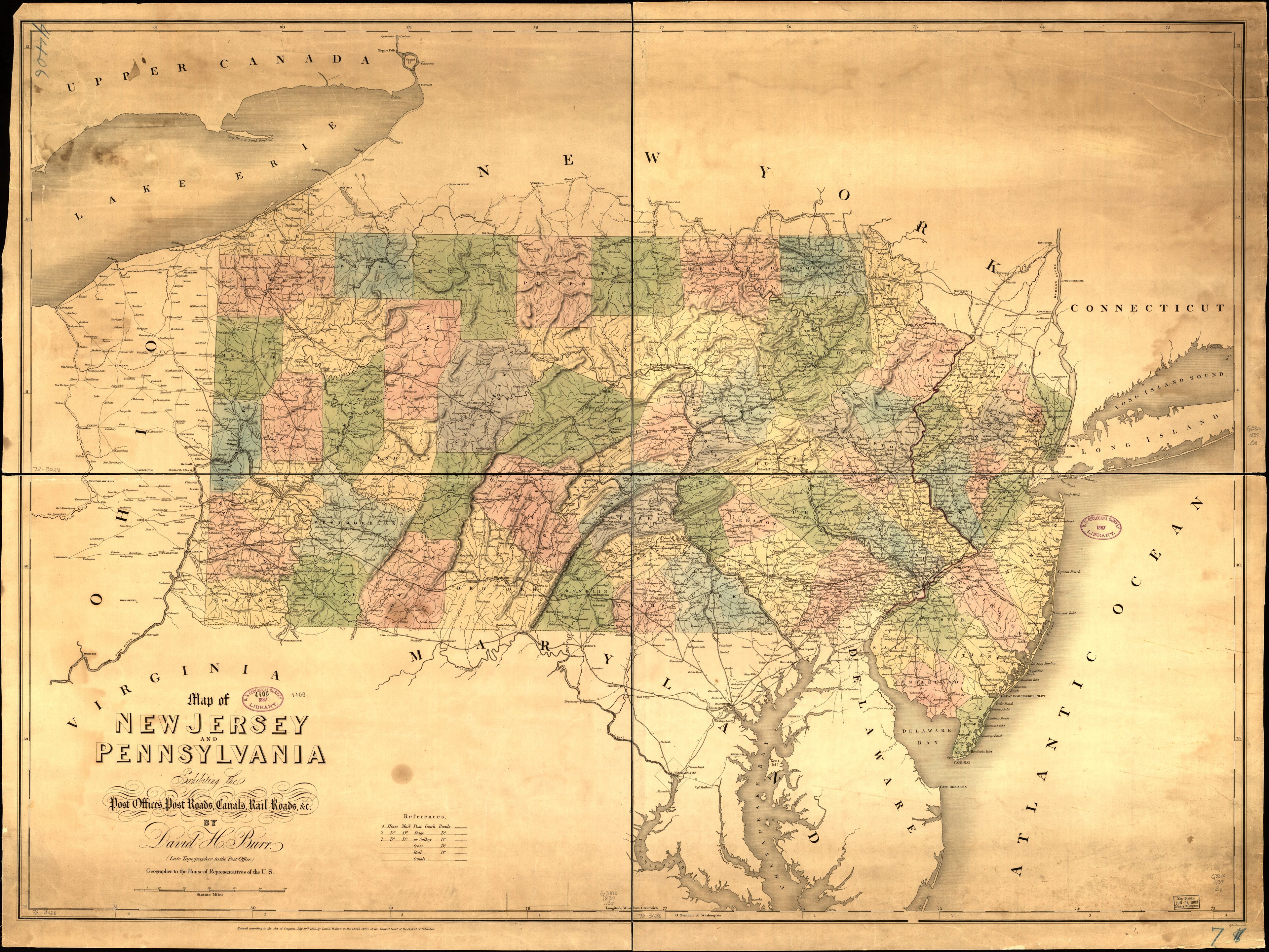 This old map of Map of New Jersey and Pennsylvania Exhibiting the Post Offices, Post Roads, Canals, Railroads, & C from 1839 was created by David H. Burr in 1839