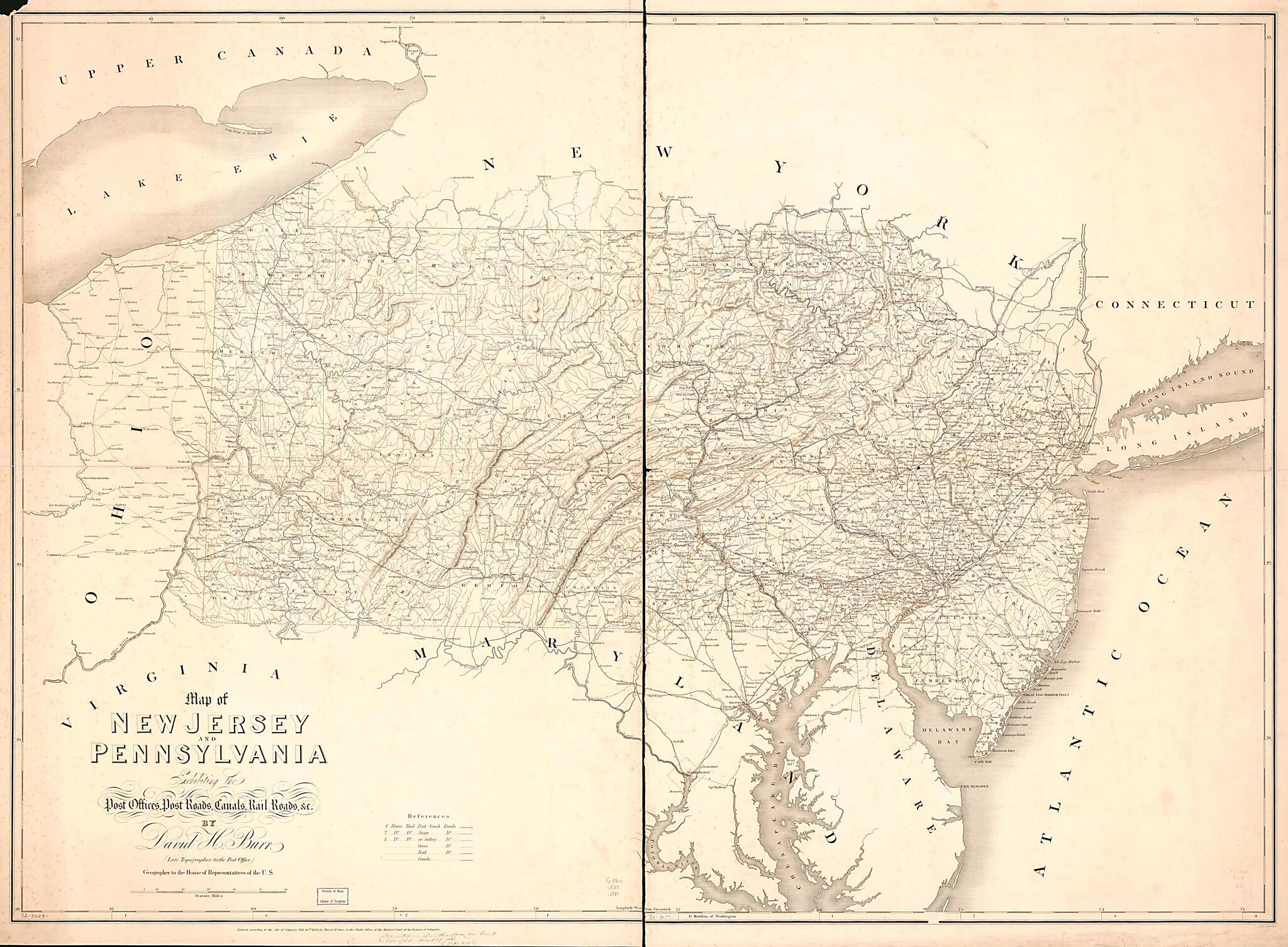 This old map of Map of New Jersey and Pennsylvania Exhibiting the Post Offices, Post Roads, Canals, Rail Roads, &c from 1839 was created by David H. Burr in 1839