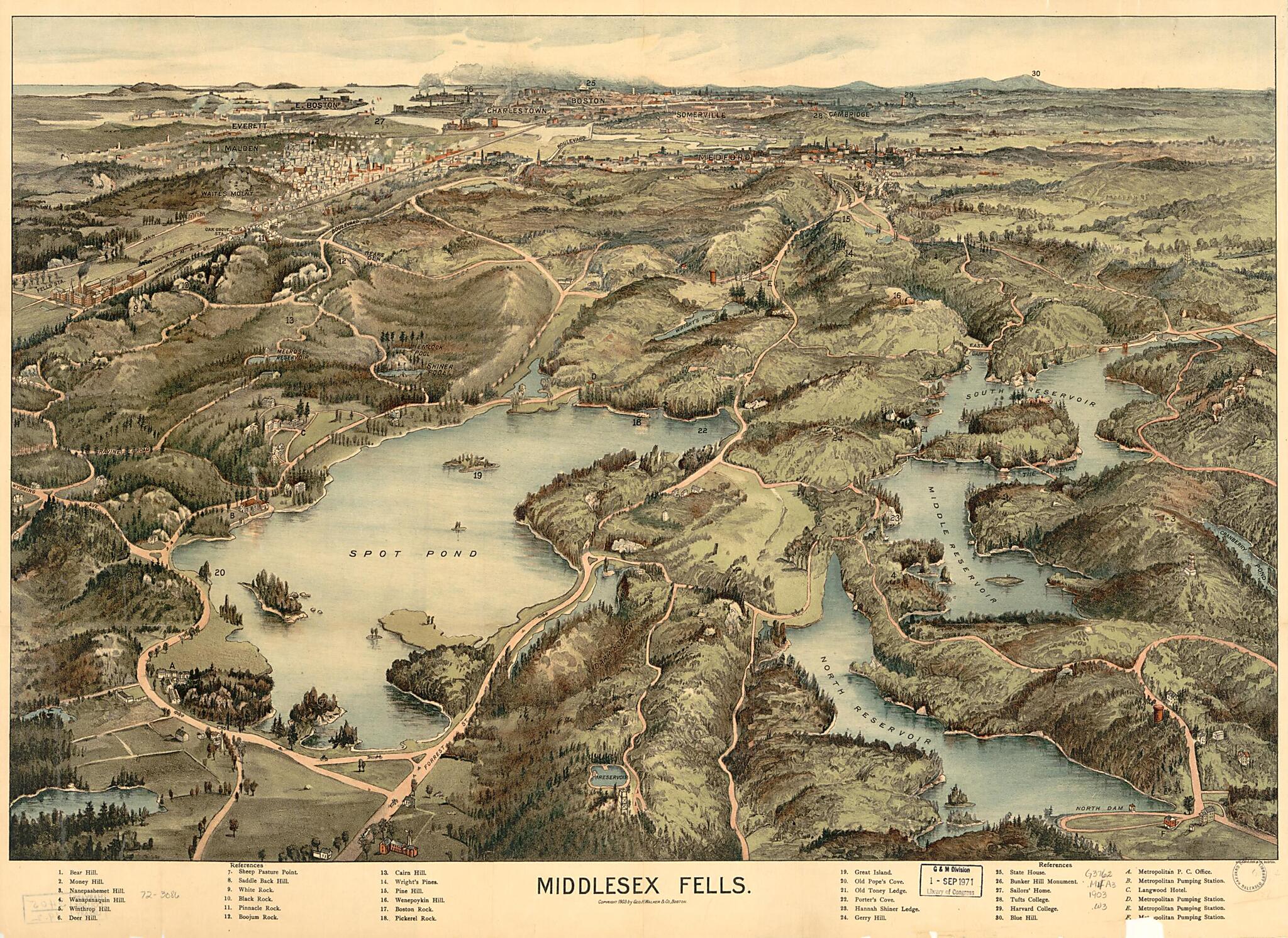This old map of Middlesex Fells from 1903 was created by Geo. H. Walker & Co in 1903