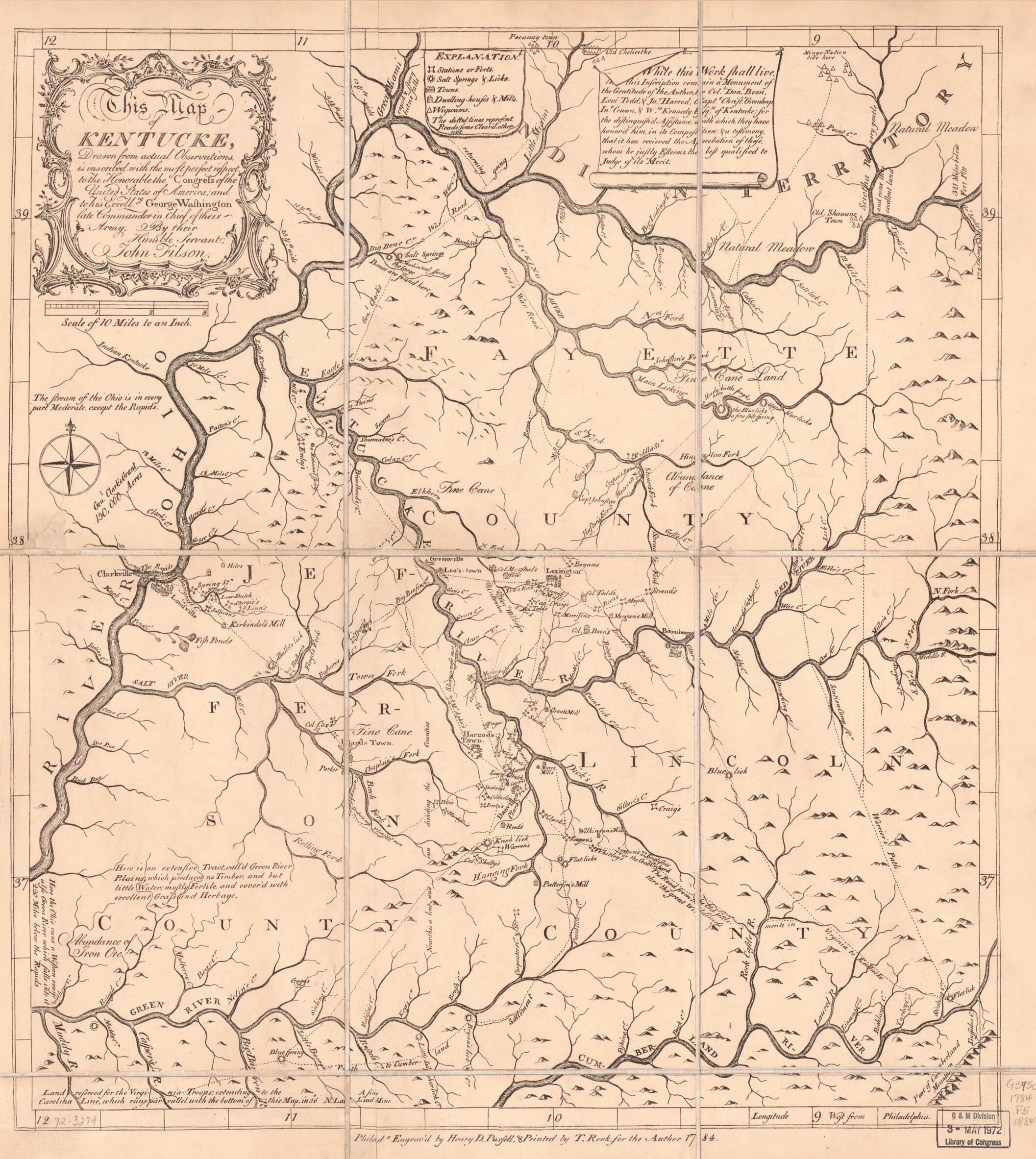 This old map of This Map of Kentucke, Drawn from Actual Observations Is Inscribed With the Most Perfect Respect to the Honorable the Congress of the United States of America, and to His Excellcy. George Washington, Late Commander In Chief of Their Army f