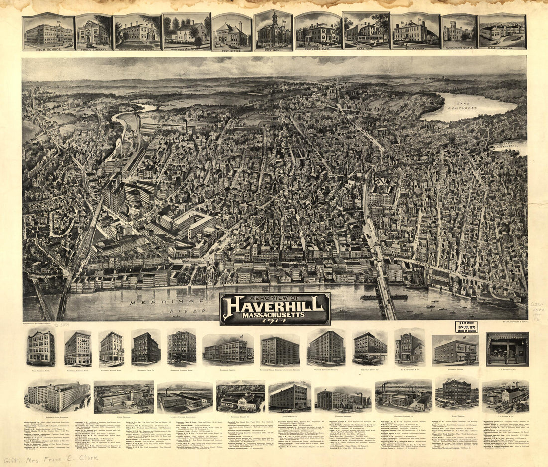 This old map of Aero View of Haverhill, Massachusetts from 1914 was created by A. E. (Albert E.) Downs, T. M. (Thaddeus Mortimer) Fowler, Hughes & Bailey in 1914