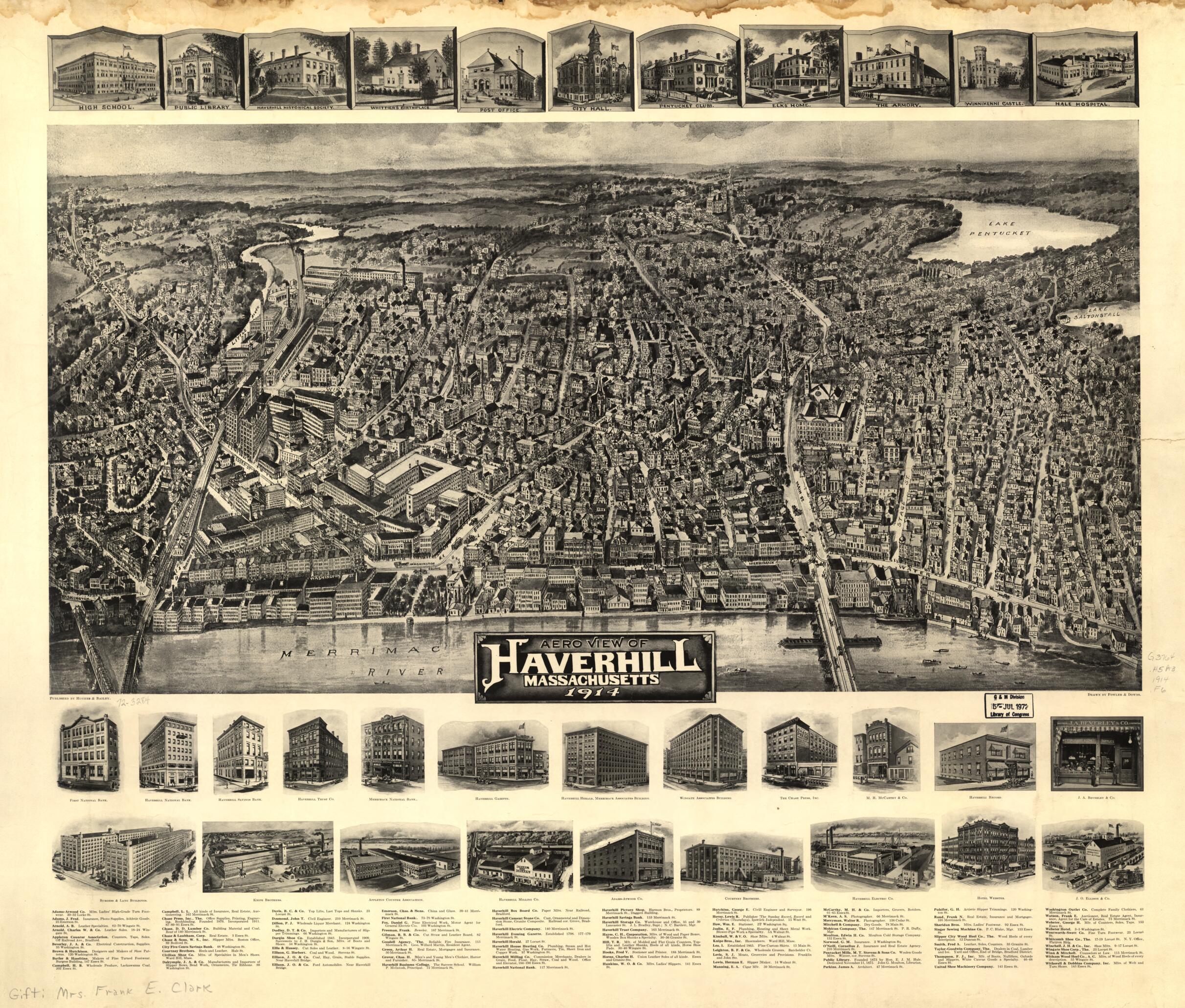 This old map of Aero View of Haverhill, Massachusetts from 1914 was created by A. E. (Albert E.) Downs, T. M. (Thaddeus Mortimer) Fowler, Hughes & Bailey in 1914