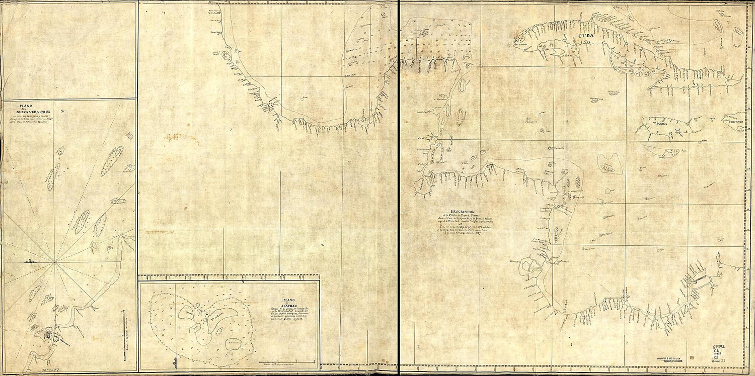 This old map of Descripcion De La Costa De Tierra Firme Desde El Cavo De La Agusa Hasta La Barra De Palmas Diga De La Trinidad: Con Todas Las Yslas, Bajos, Arresifes & Ca. Leho Por Las Latitudes Y Longitudes De Dn. Bartolome De La Rosa from 1757 was crea