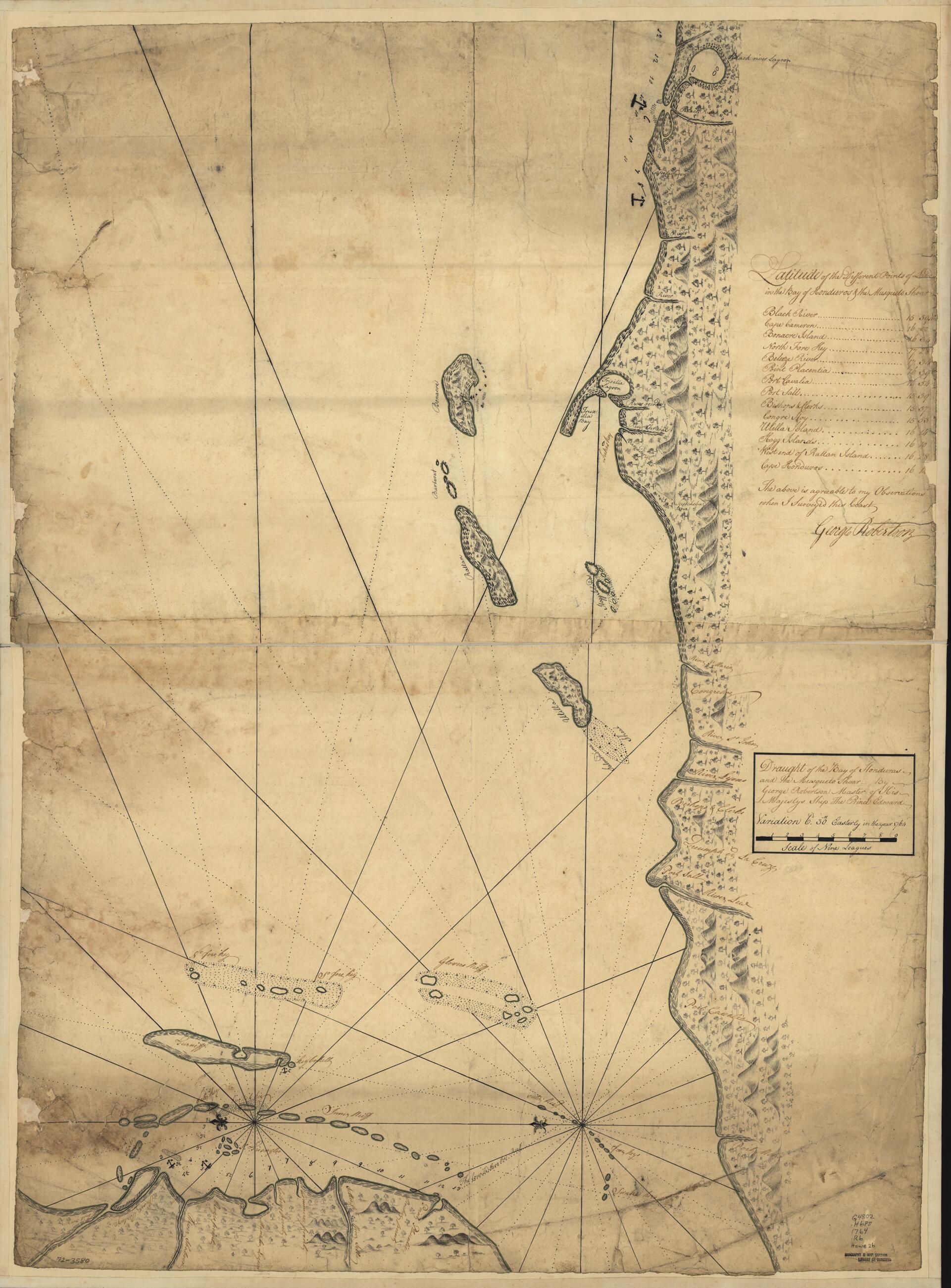 This old map of Draught of the Bay of Honduras and the Musqueto Shoar from 1764 was created by Prince Edward (Ship), George Robertson in 1764
