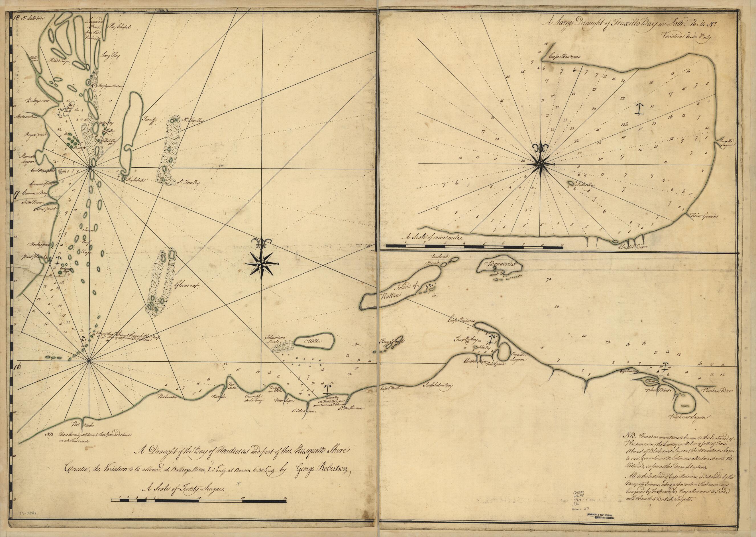 This old map of A Draught of the Bay of Honduras and Part of the Musquetto Shore from 1764 was created by George Robertson in 1764