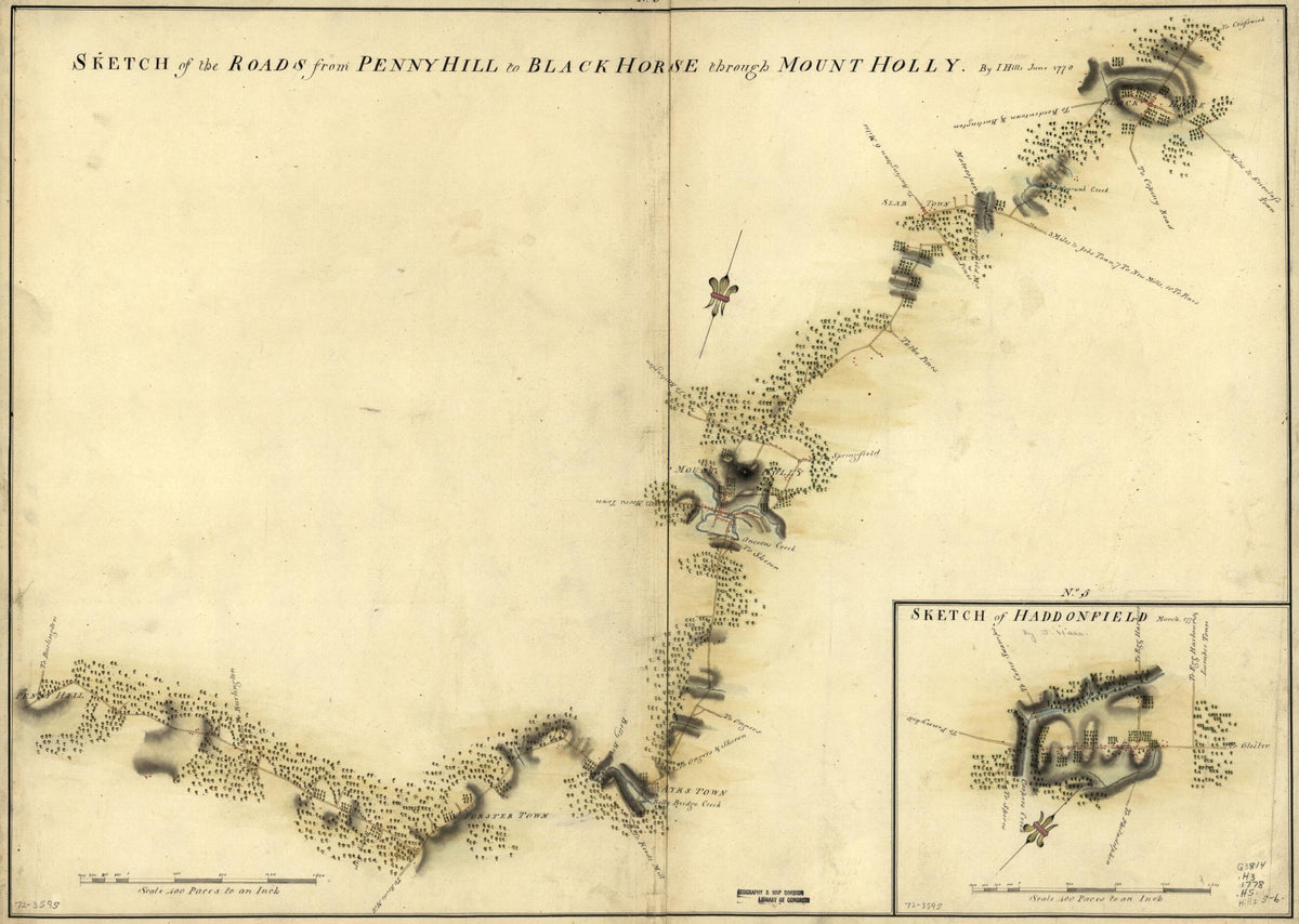 Sketch of Haddonfield, March 1778. Sketch of the Roads from Pennyhill to Black Horse Through Mount Holly by Relic Map Company
