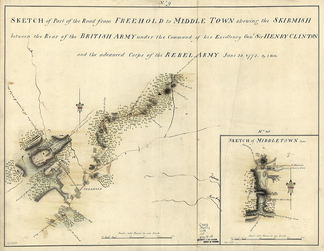 This old map of Sketch of Part of the Road from Freehold to Middle Town Shewing the Skirmish Between the Rear of the British Army Under the Command of His Excellency Genl: Sir Henry Clinton and the Advance Corps of the Rebel Army, June 28, from 1778 was