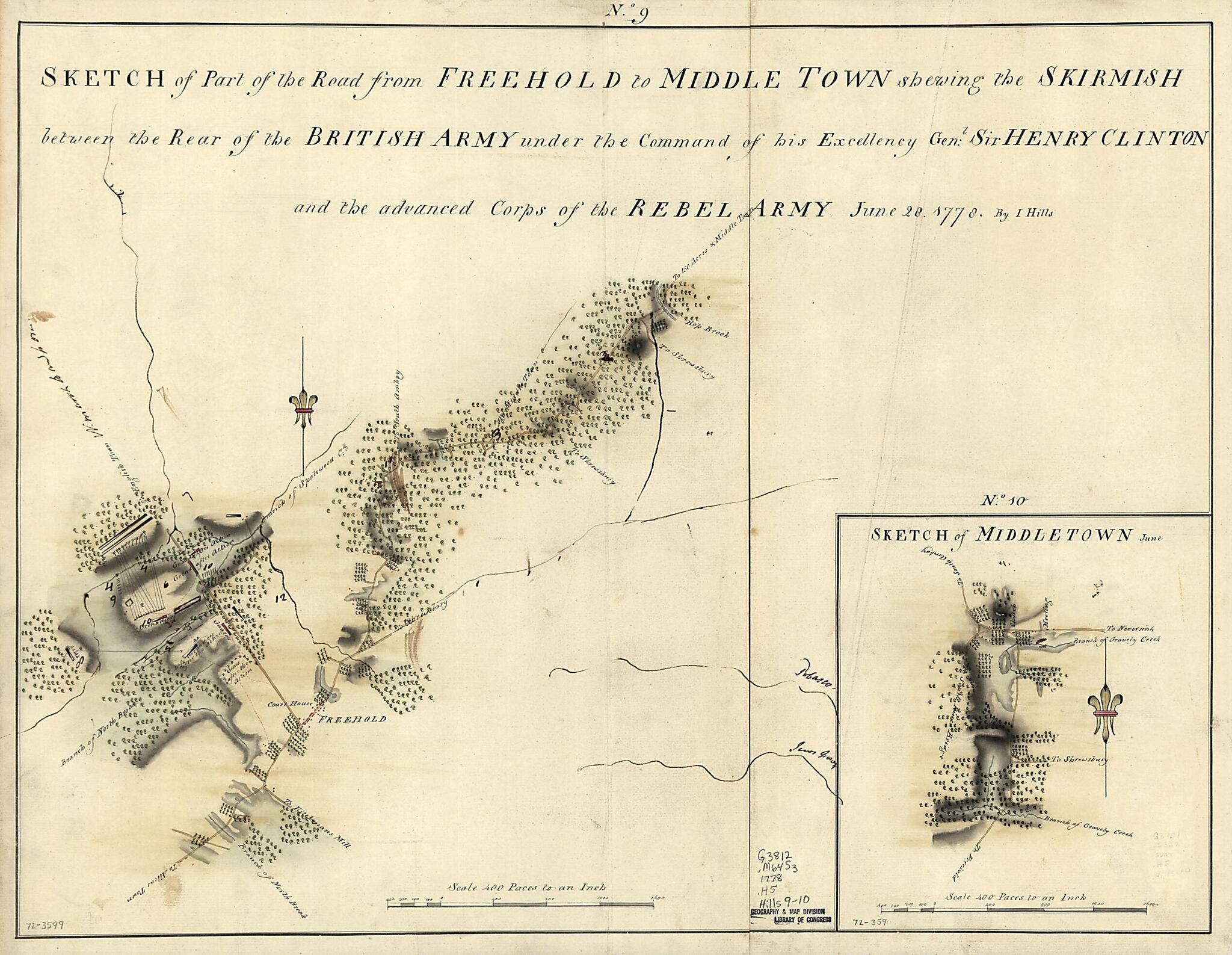 This old map of Sketch of Part of the Road from Freehold to Middle Town Shewing the Skirmish Between the Rear of the British Army Under the Command of His Excellency Genl: Sir Henry Clinton and the Advance Corps of the Rebel Army, June 28, from 1778 was