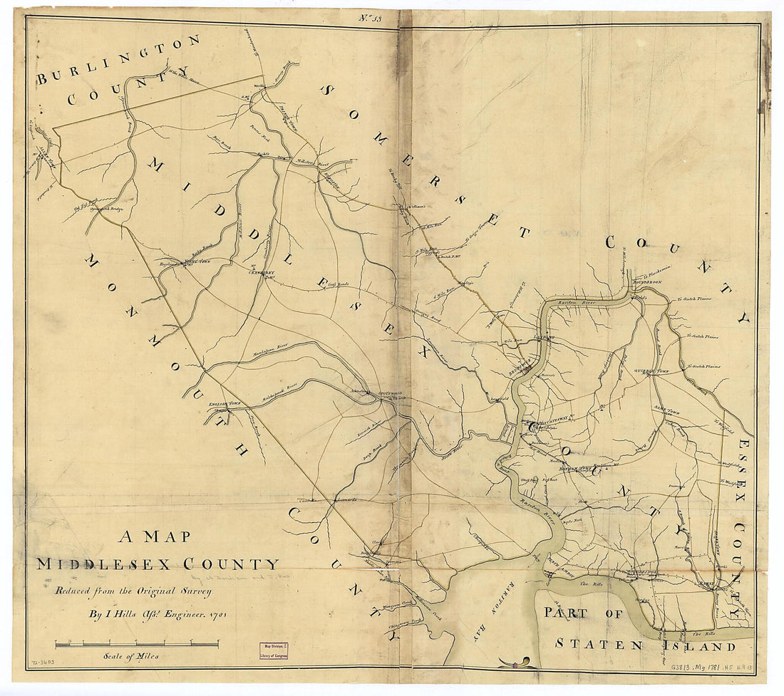 This old map of A Map, Middlesex County from 1781 was created by Azariah Dunham, John Hills, Benjamin Morgan, Joseph Rue in 1781