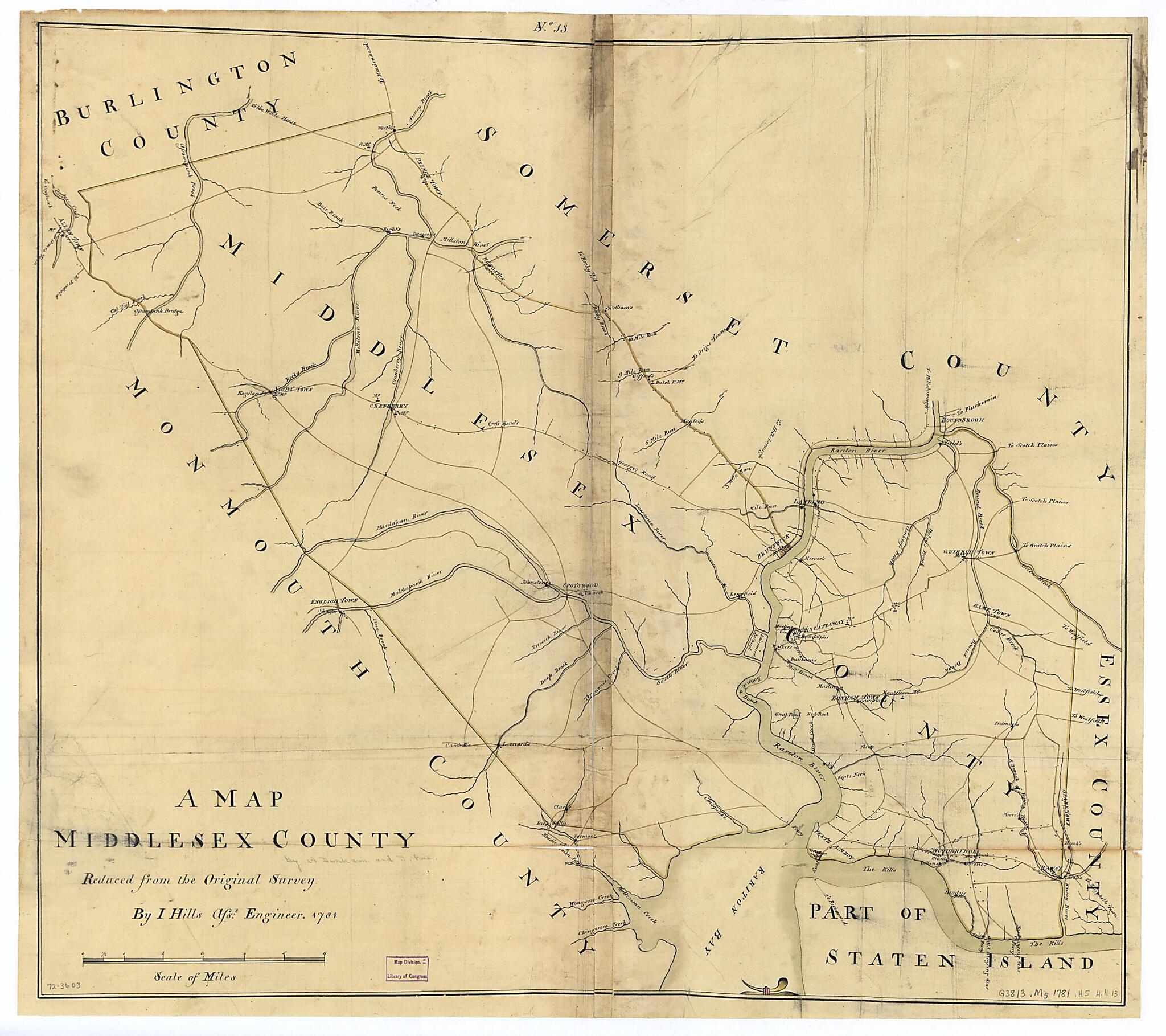 This old map of A Map, Middlesex County from 1781 was created by Azariah Dunham, John Hills, Benjamin Morgan, Joseph Rue in 1781