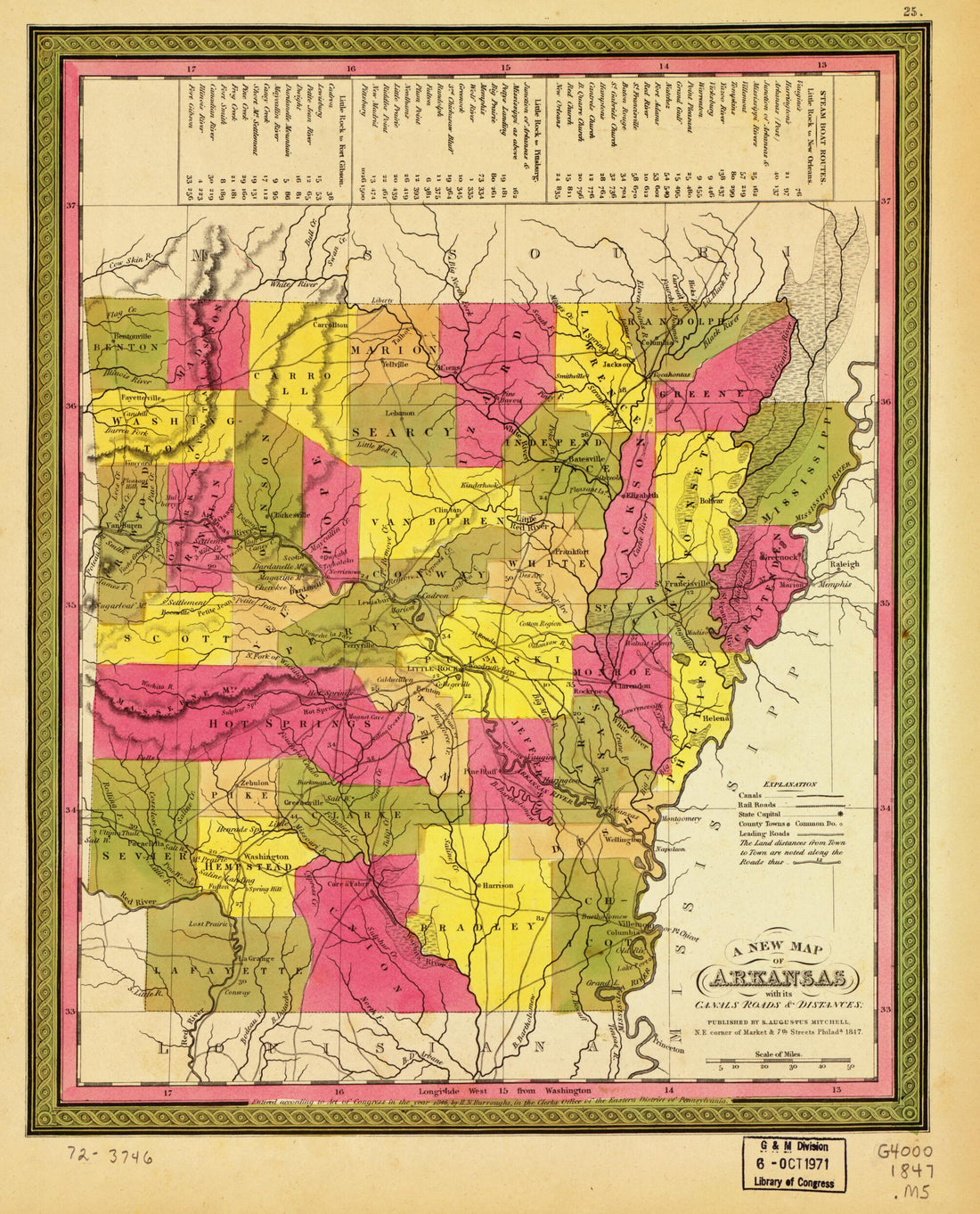 This old map of A New Map of Arkansas With Its Canals, Roads & Distances from 1847 was created by S. Augustus (Samuel Augustus) Mitchell in 1847