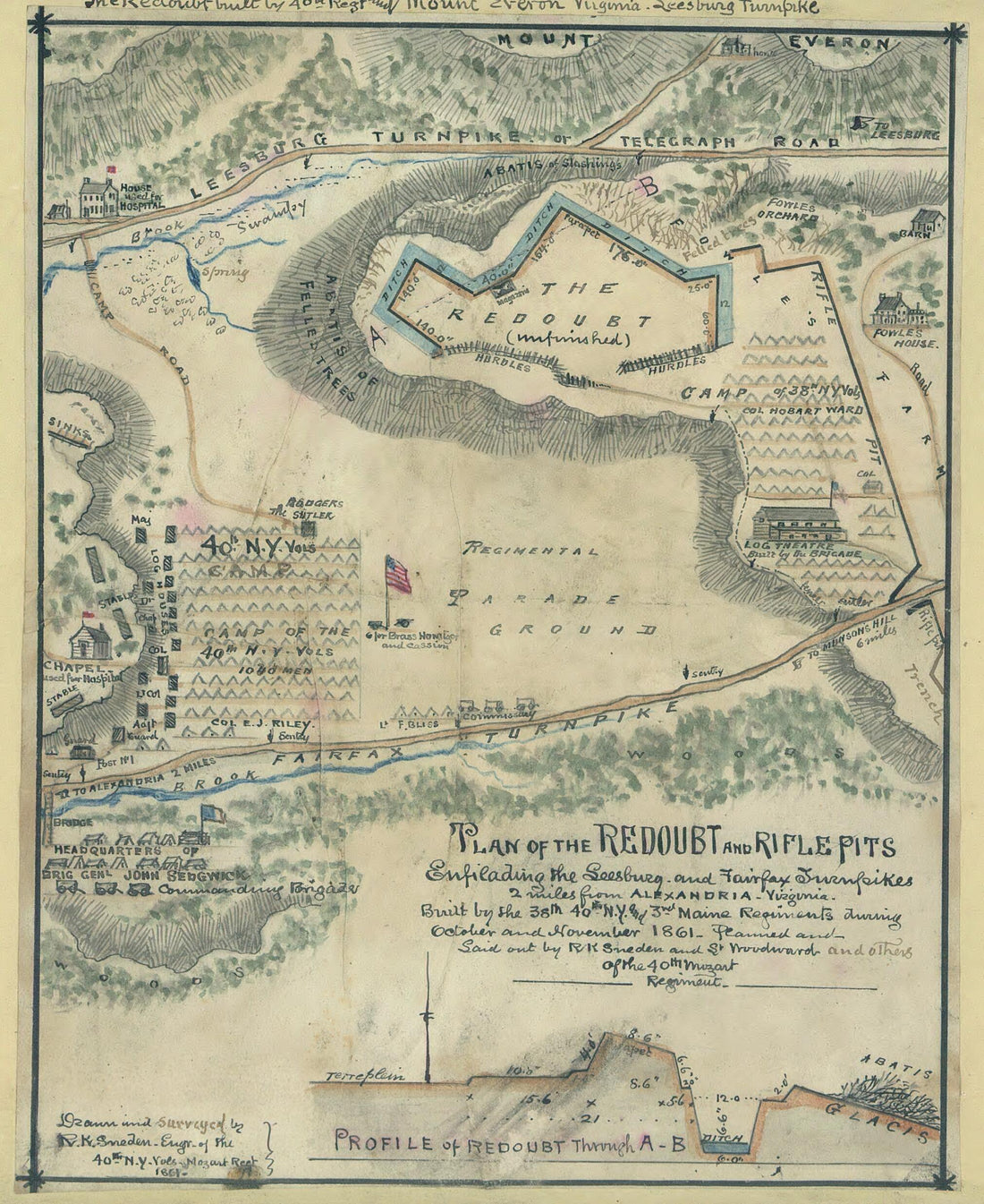 This old map of Plan of the Redoubt and Rifle Pits Ensilading sic the Leesburg and Fairfax Turnpikes 2 Miles from Alexandria, Virginia. Built by the 38th, 40th New York and 3rd Maine Regiments During October and November from 1861 was created by Robert K