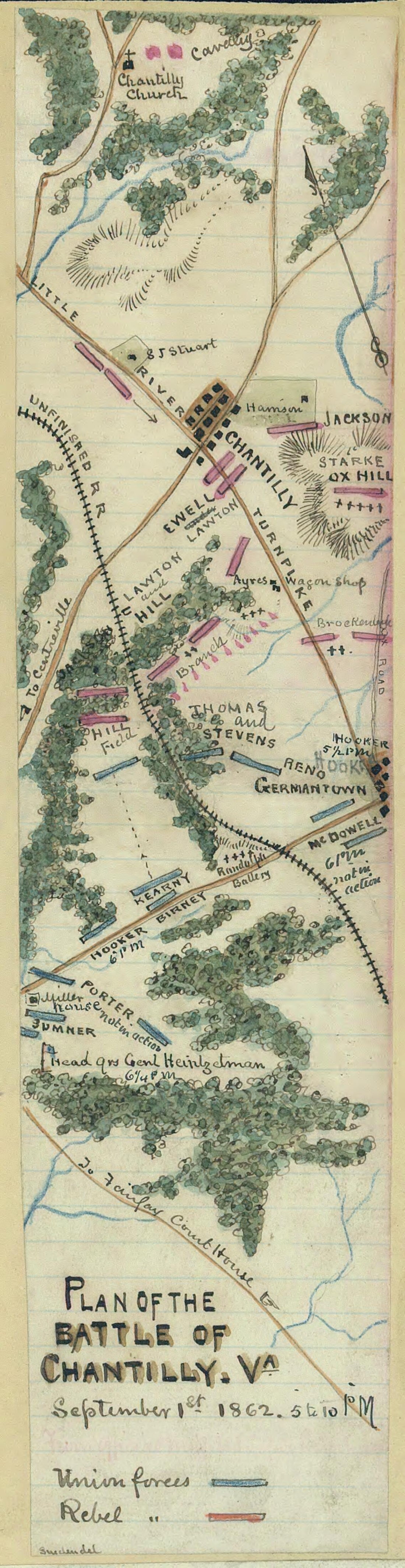 This old map of Plan of the Battle of Chantilly, Va., September 1st, 1862, 5 to 10 P.m from 09-01 was created by Robert Knox Sneden in 09-01