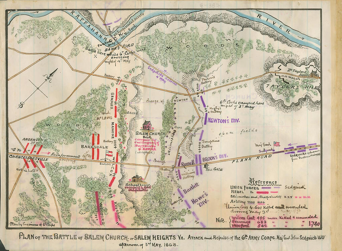 This old map of Plan of the Battle of Salem Church Or Salem Heights, Va. Attack and Repulse of the 6th Army Corps, Maj. Genl. John Sedgwick, U.S.A., Afternoon of 3rd May 1863 from 05-03 was created by Robert Knox Sneden in 05-03