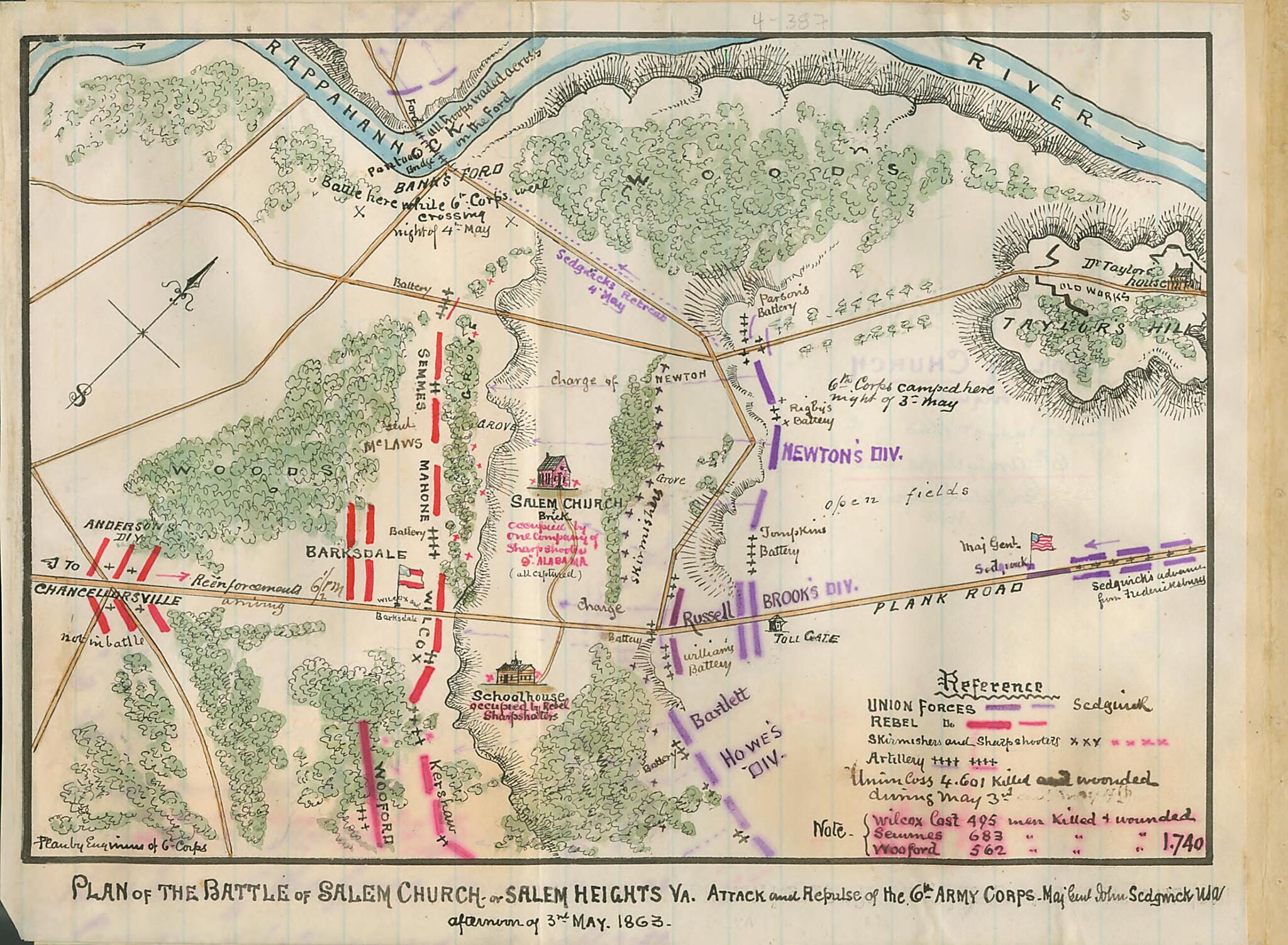 This old map of Plan of the Battle of Salem Church Or Salem Heights, Va. Attack and Repulse of the 6th Army Corps, Maj. Genl. John Sedgwick, U.S.A., Afternoon of 3rd May 1863 from 05-03 was created by Robert Knox Sneden in 05-03