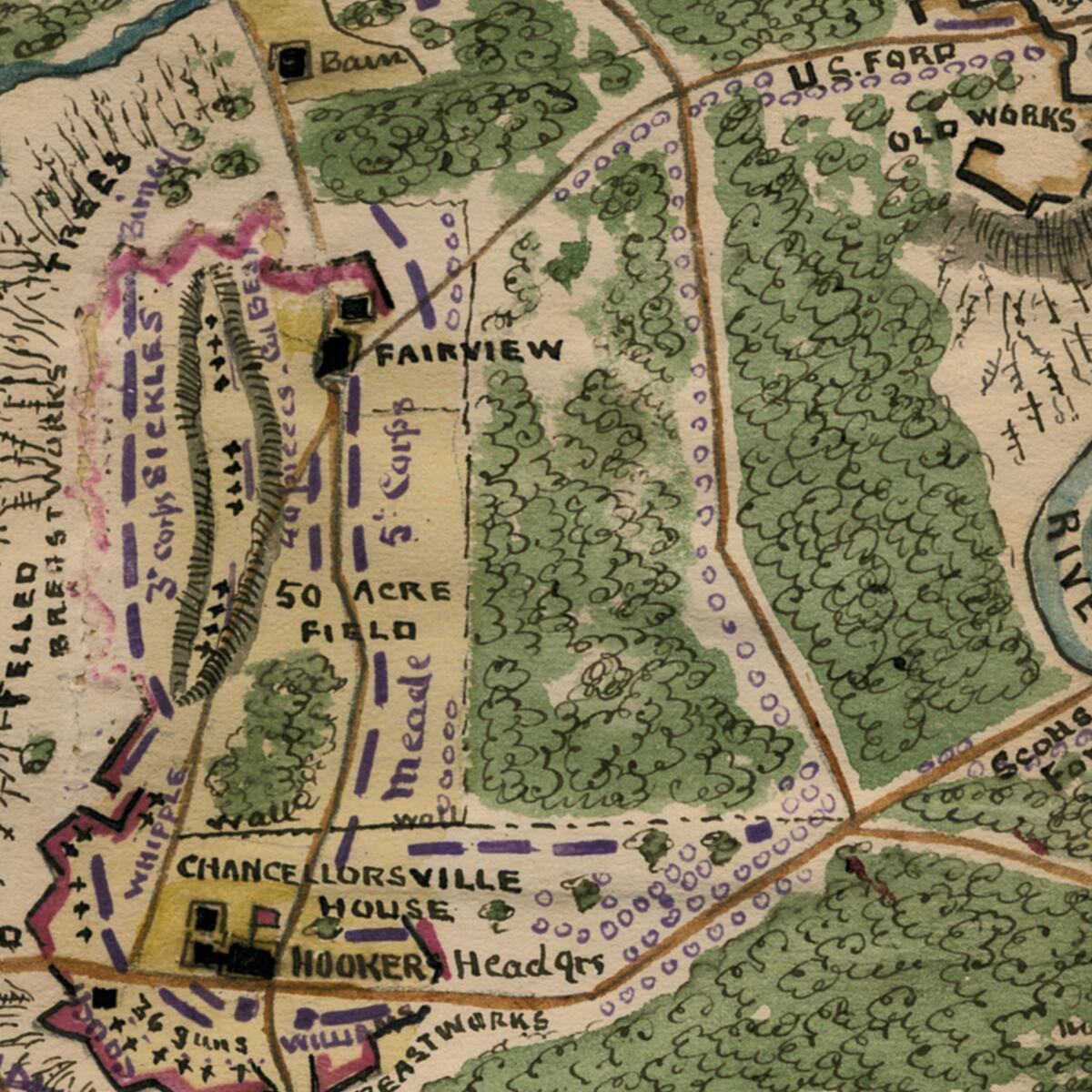 This old map of The Battle of Chancellorsville, Virginia Position of Union Army, 2nd May 1863 from 05-02 was created by Robert Knox Sneden in 05-02