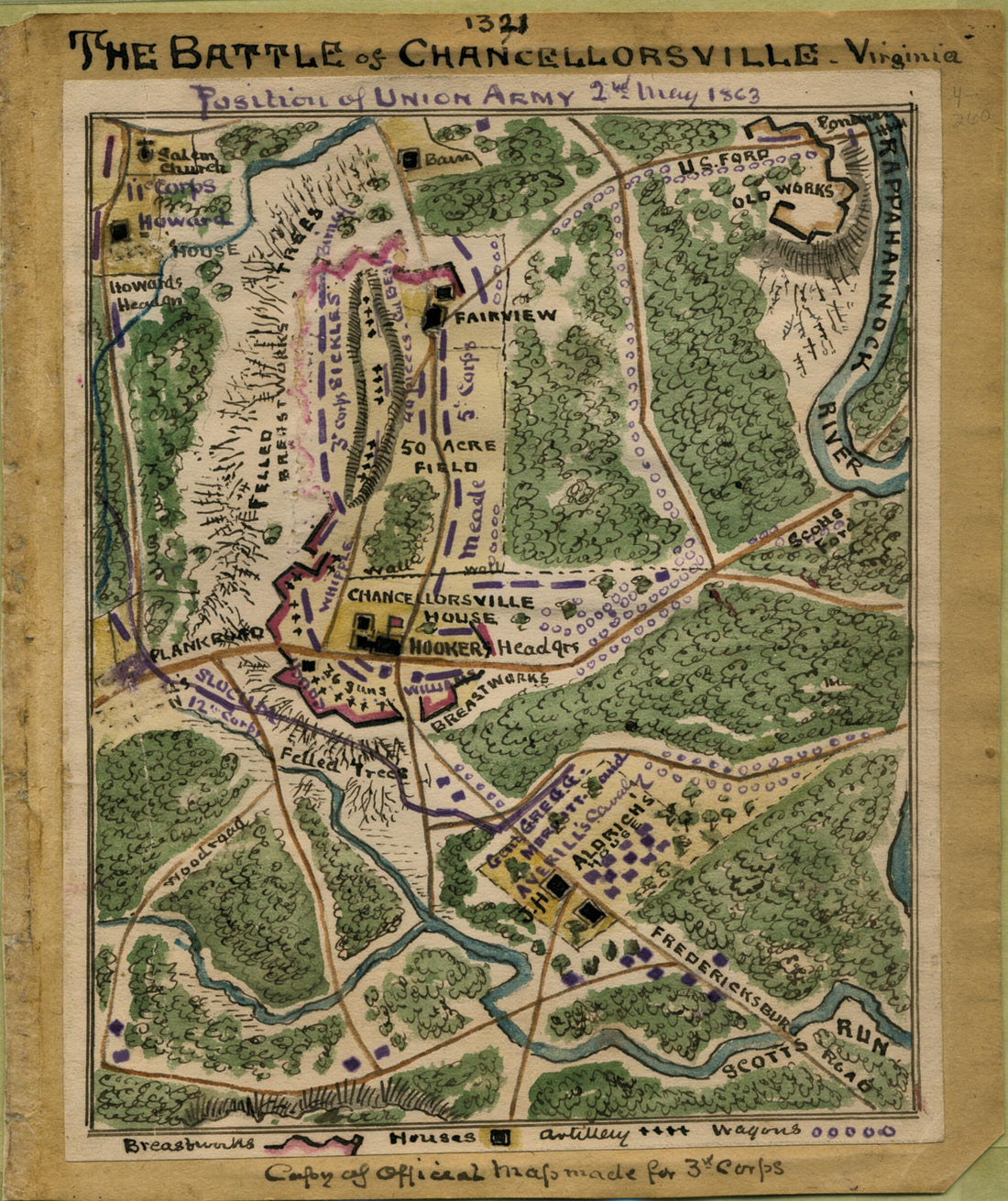 This old map of The Battle of Chancellorsville, Virginia Position of Union Army, 2nd May 1863 from 05-02 was created by Robert Knox Sneden in 05-02