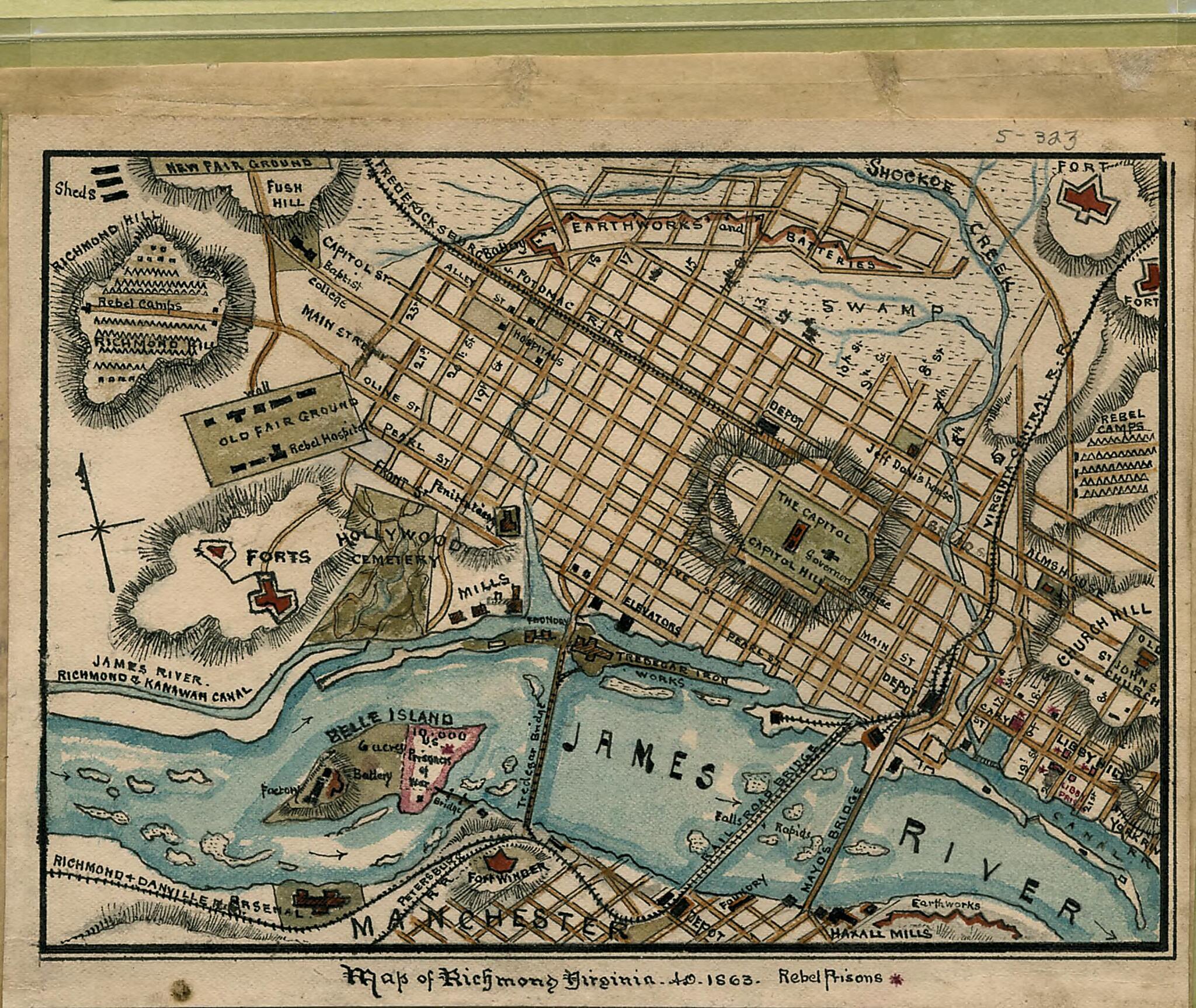 This old map of Map of Richmond, Virginia...from 1863 was created by Robert Knox Sneden in 1863