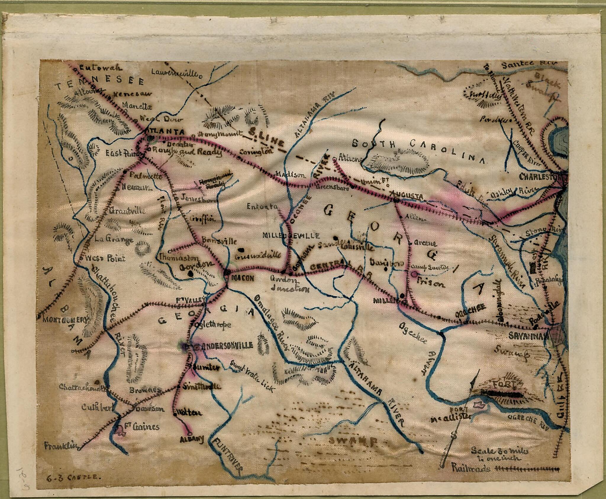 This old map of Map of South Carolina, Georgia, Alabama, and Tennessee. from 1861 was created by Robert Knox Sneden in 1861