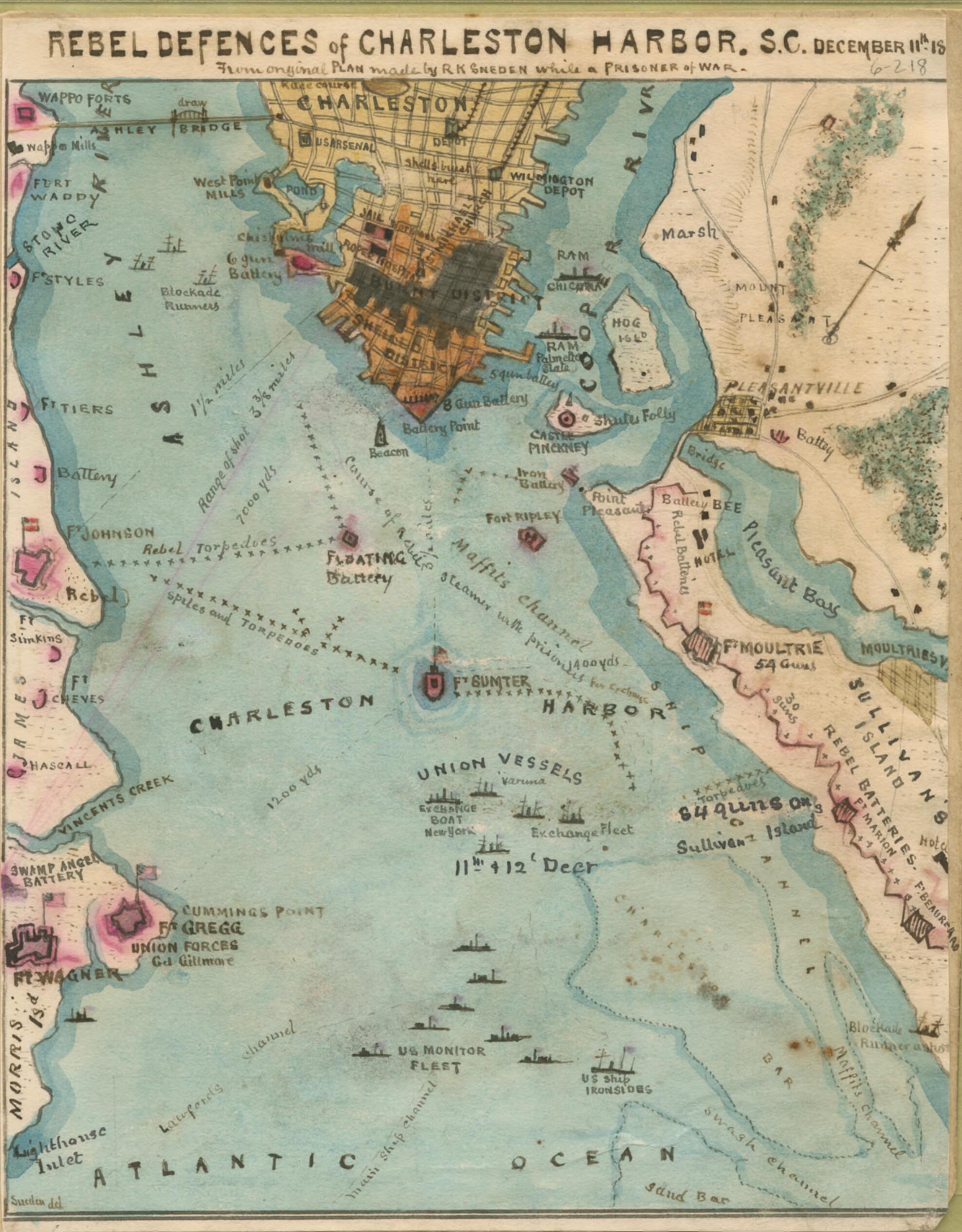 This old map of Rebel Defences sic of Charleston Harbor, S.C., December 11th, 1864 from 11-11 was created by Robert Knox Sneden in 11-11