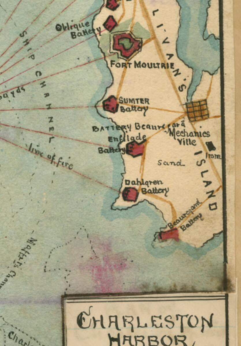 This old map of Charleston Harbor S.C. Bombardment of Fort Sumter from 1861 was created by Robert Knox Sneden in 1861