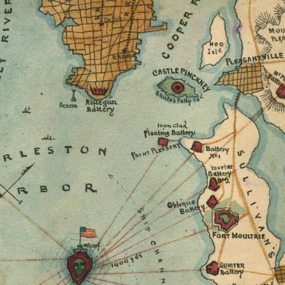 This old map of Charleston Harbor S.C. Bombardment of Fort Sumter from 1861 was created by Robert Knox Sneden in 1861
