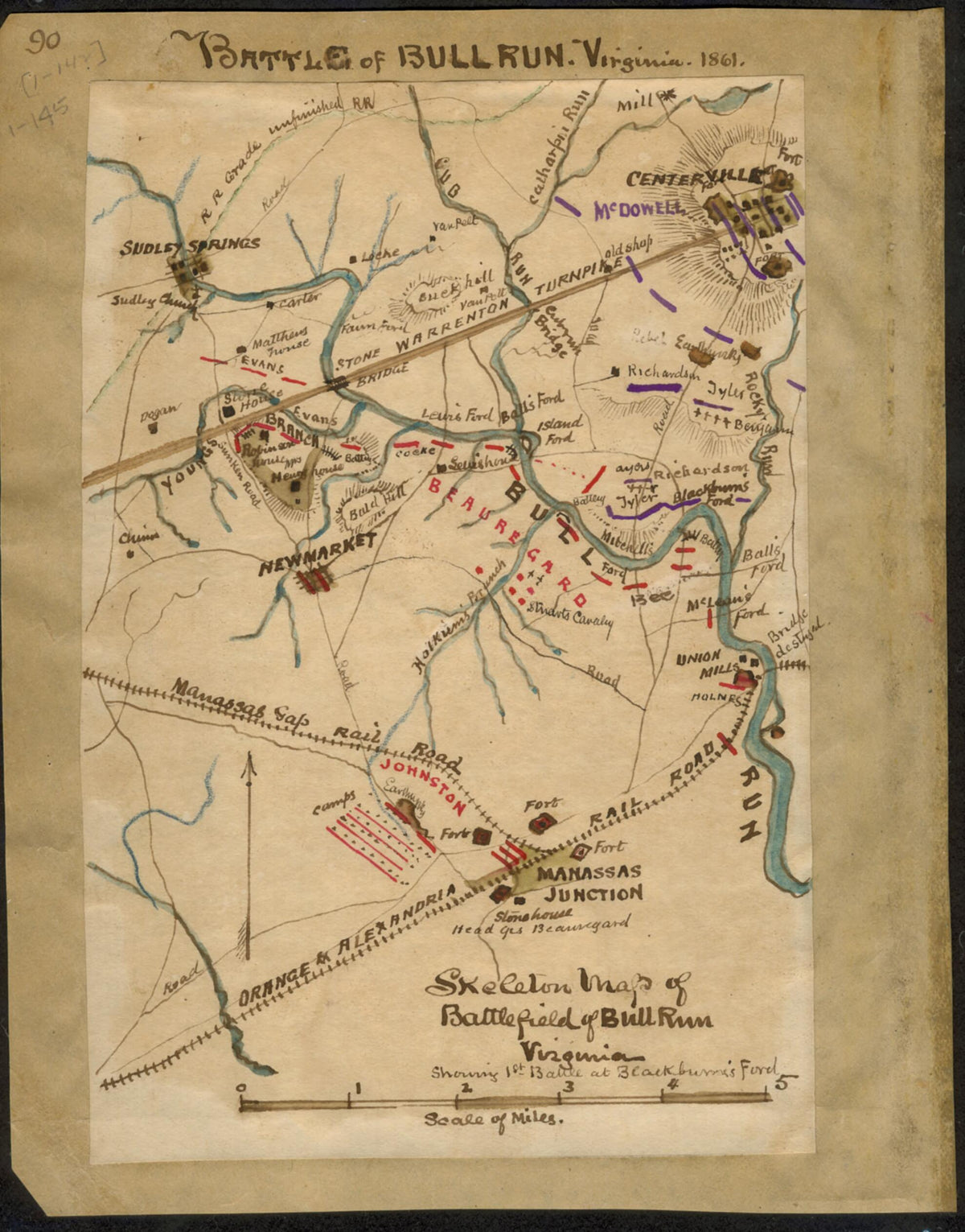 Skeleton Map of Battlefield of Bull Run Virginia : Showing 1st Battle at Blackburn&