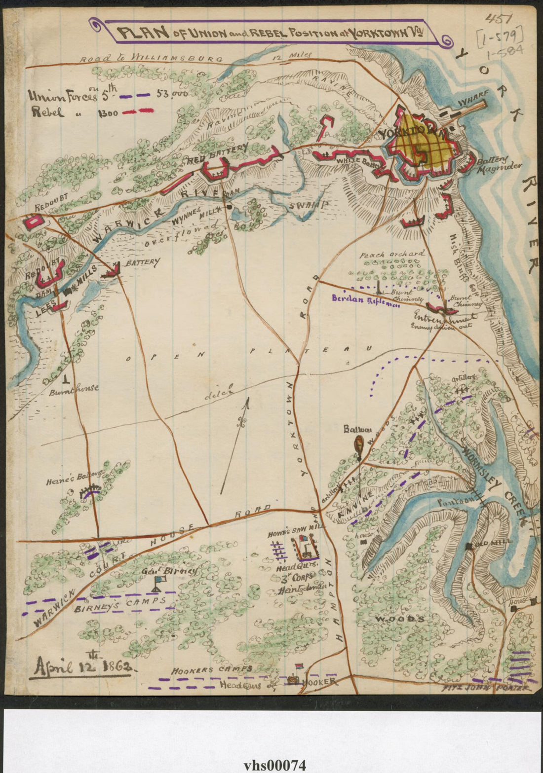 This old map of Plan of Union and Rebel Position at Yorktown Va from 04-12 was created by Robert Knox Sneden in 04-12