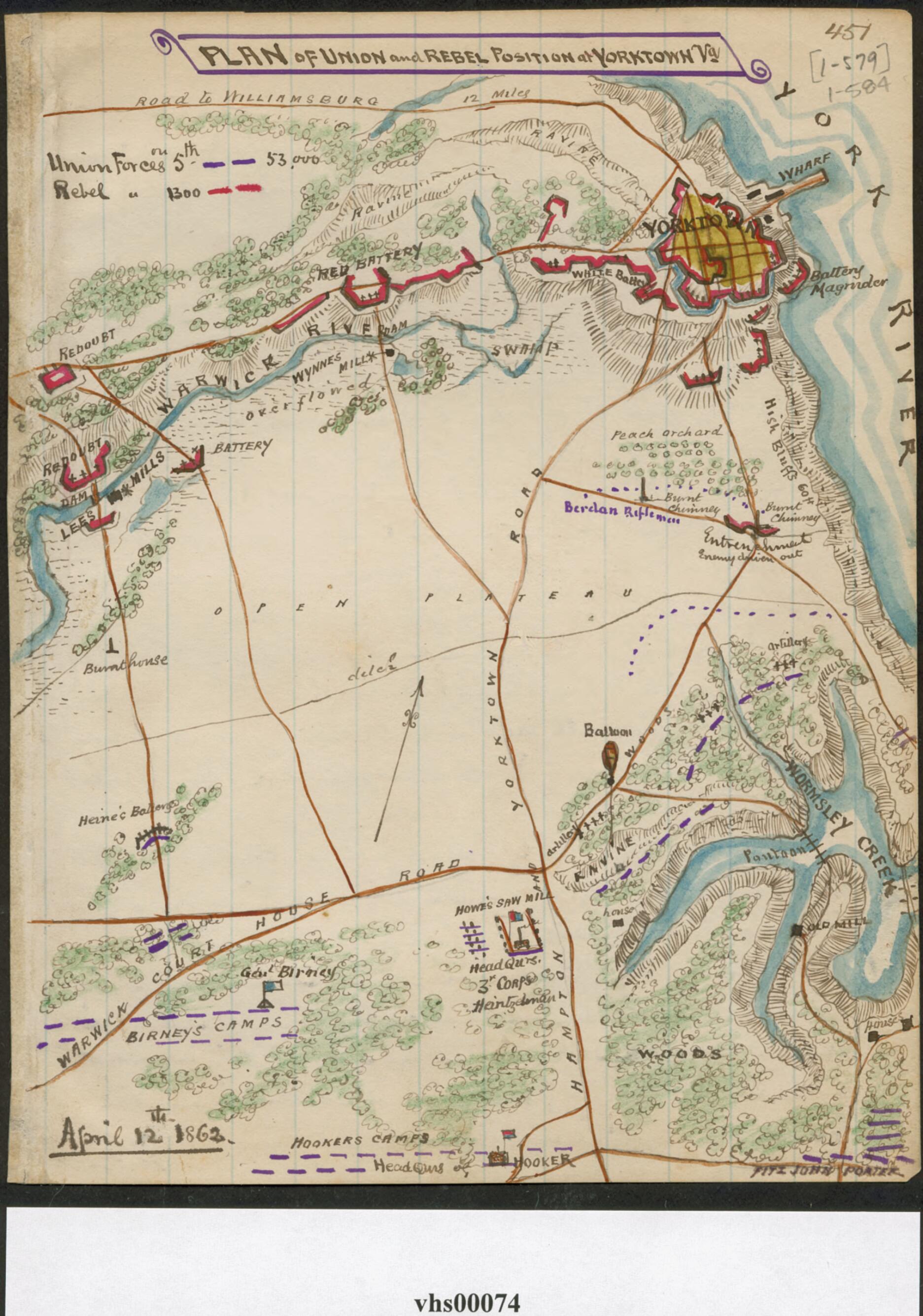 This old map of Plan of Union and Rebel Position at Yorktown Va from 04-12 was created by Robert Knox Sneden in 04-12