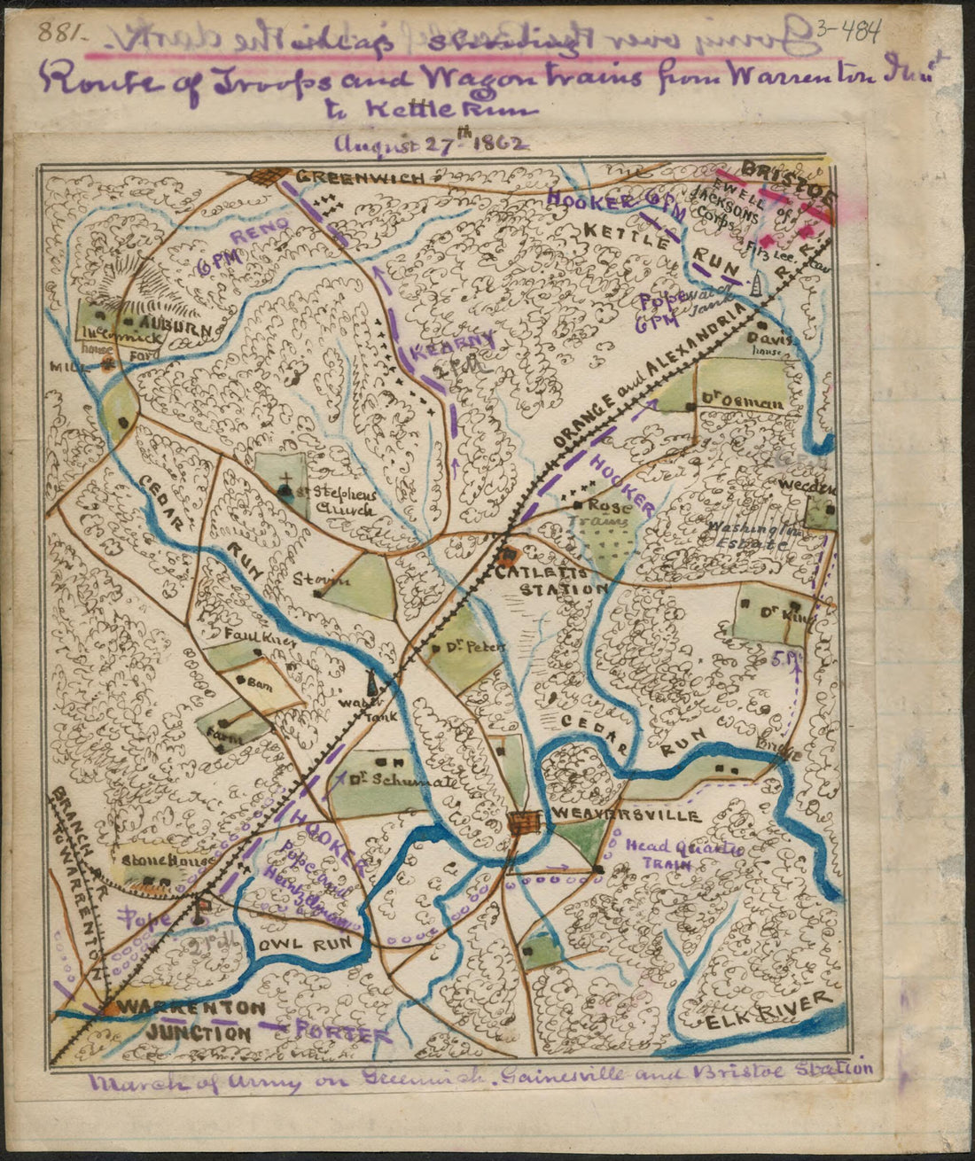This old map of Route of Troops and Wagon Trains from Warrenton Jnct. to Kettle Run from 08-27 was created by Robert Knox Sneden in 08-27
